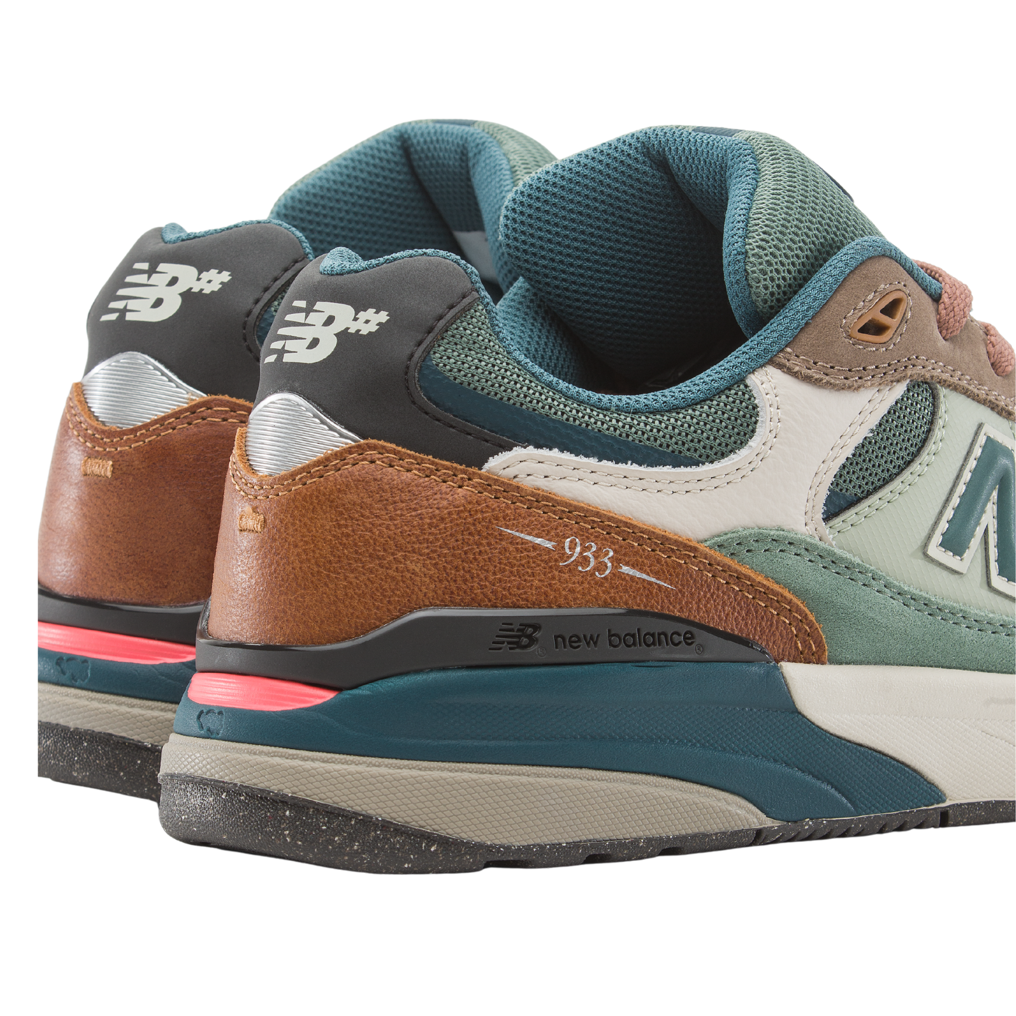 Multicolor brown and green new balance numeric 933 sneaker with 'N' logo on a white background