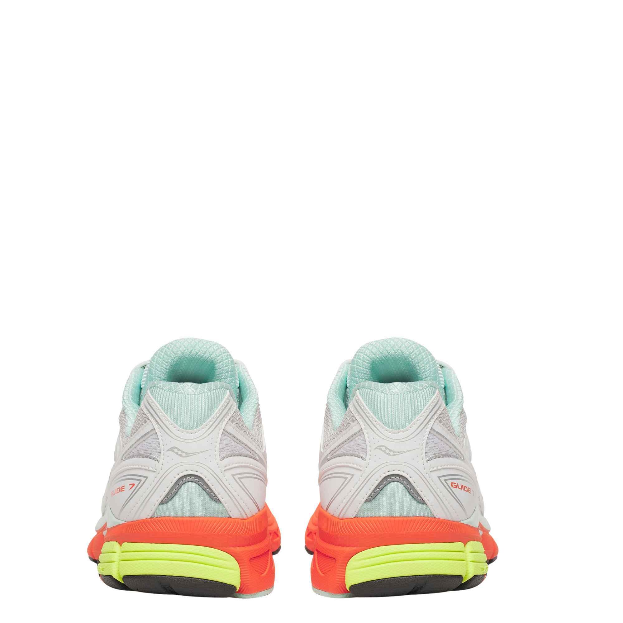 White  saucony progrid guide 7 running shoe with colorful sole on a white background