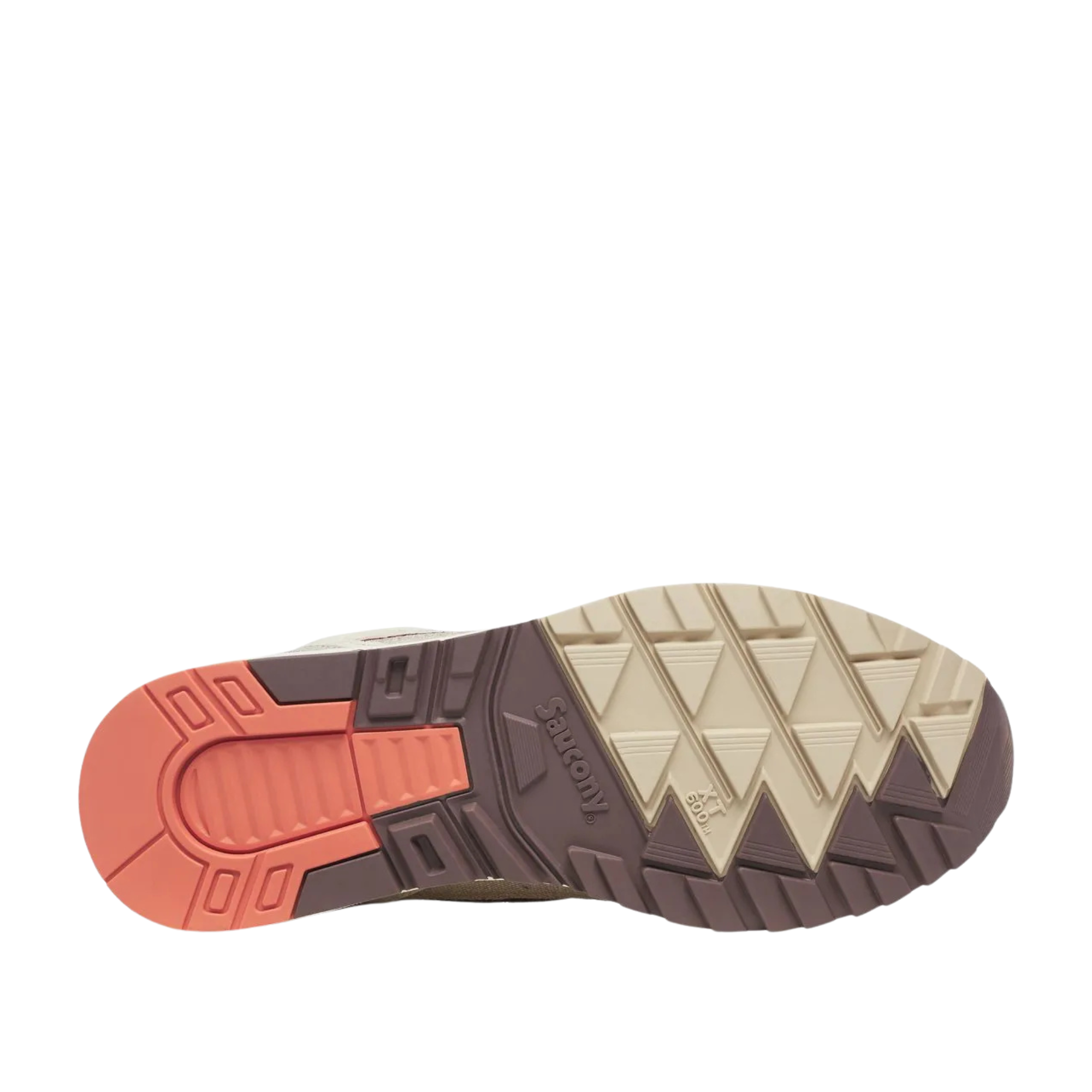 Beige saucony shadow 6000 women's sneaker with brown and pink accents on a white background