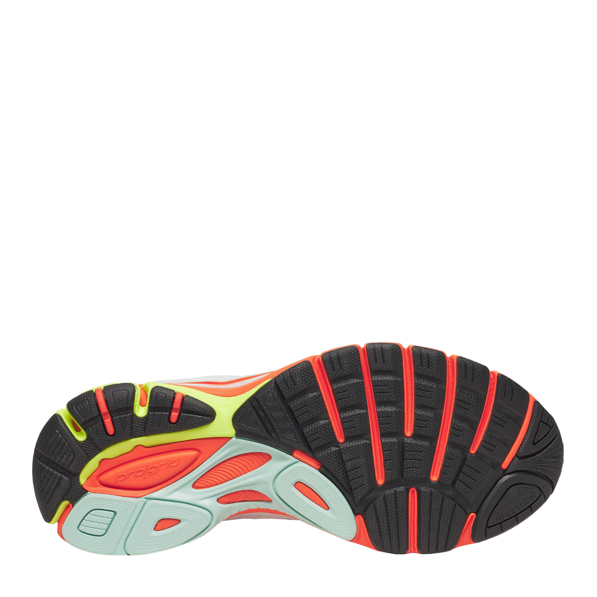 White  saucony progrid guide 7 running shoe with colorful sole on a white background