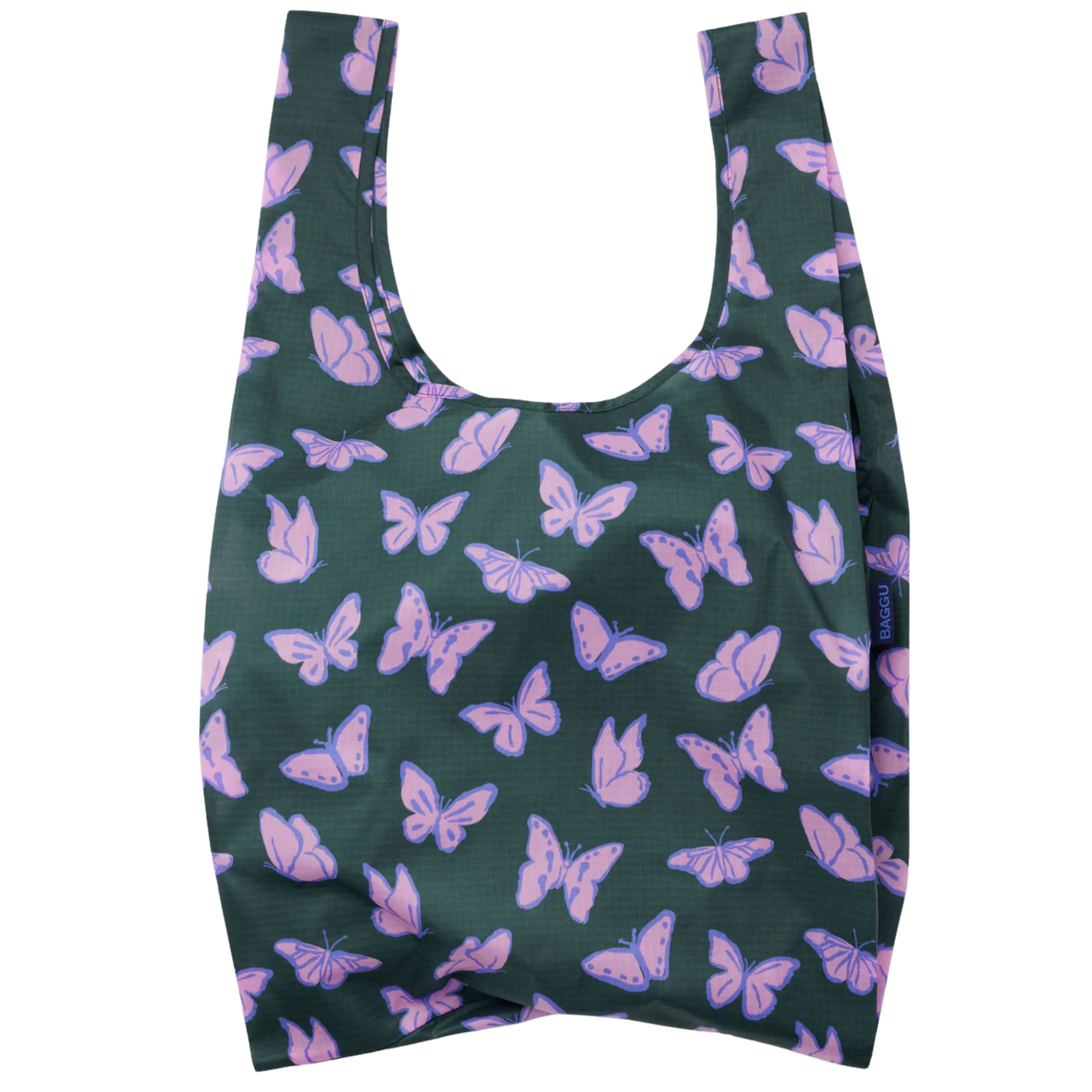 Reusable standard baggu bag with purple butterfly pattern on a green background