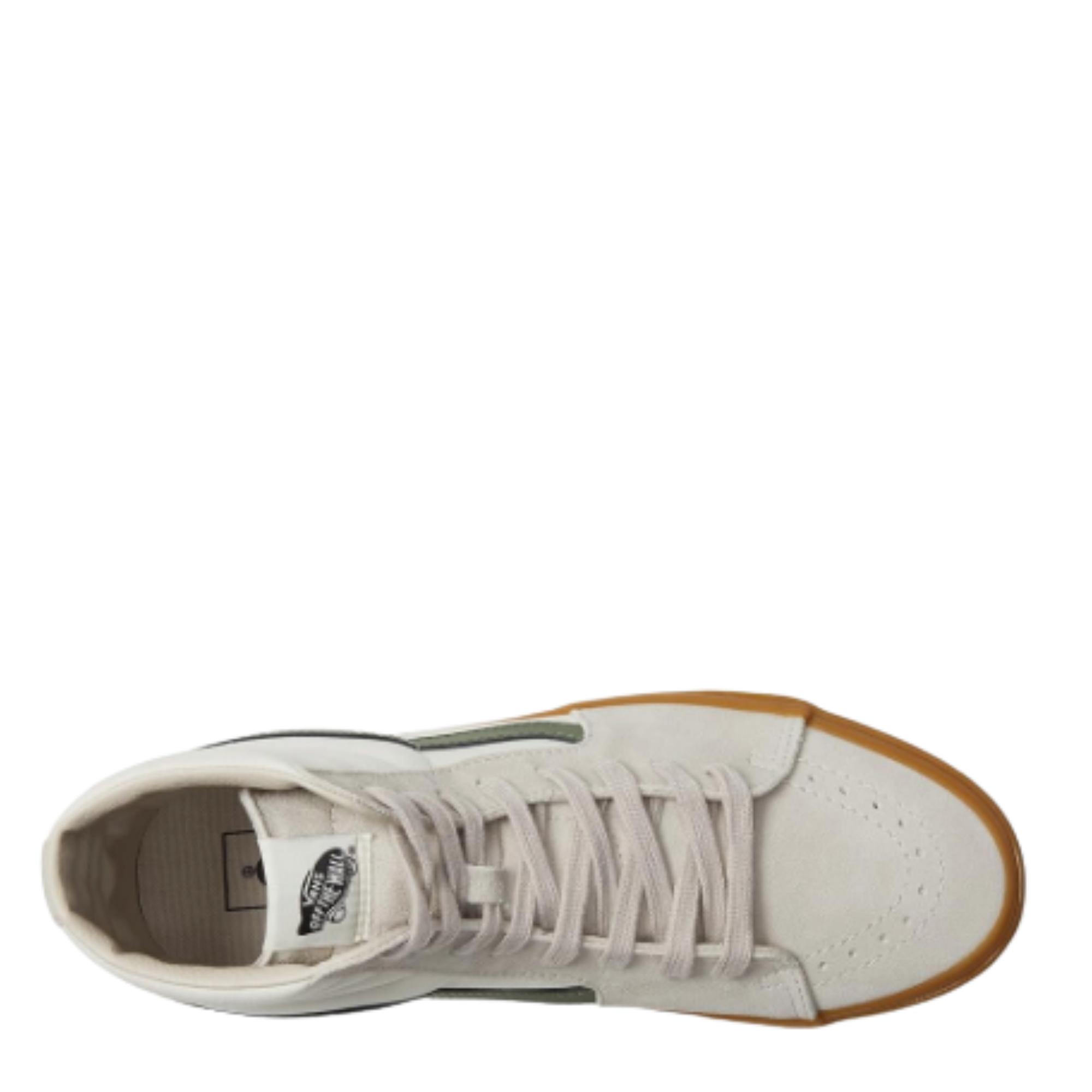 vans White high-top vans sk8-hi sneaker with green stripe and brown sole on a white background