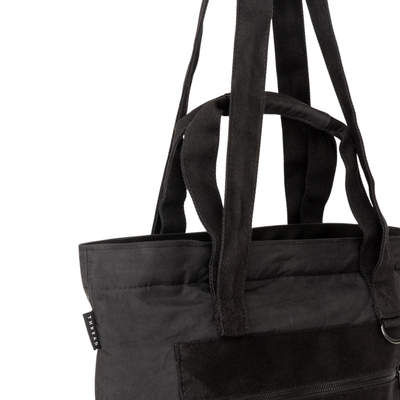 Black thread scout tote bag with a zipper pocket on a white background