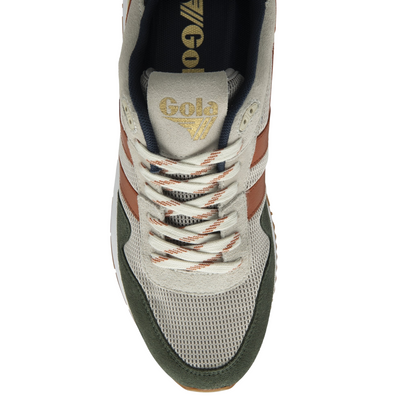 Multicolored gola men's delta sneaker with brown, green, and beige accents on a white background