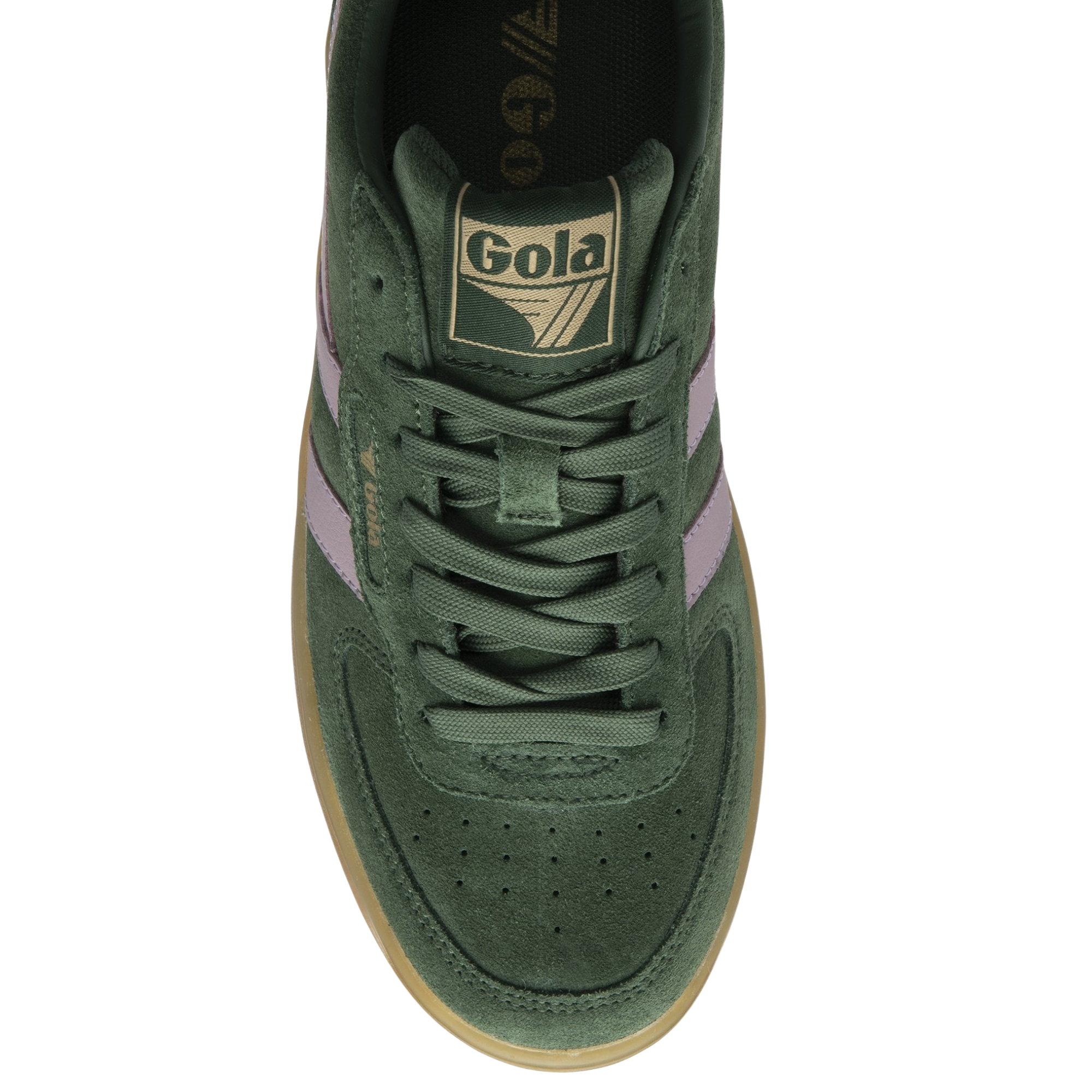 Green gola hawk 86 sneaker with pink accents and gum sole on a white background