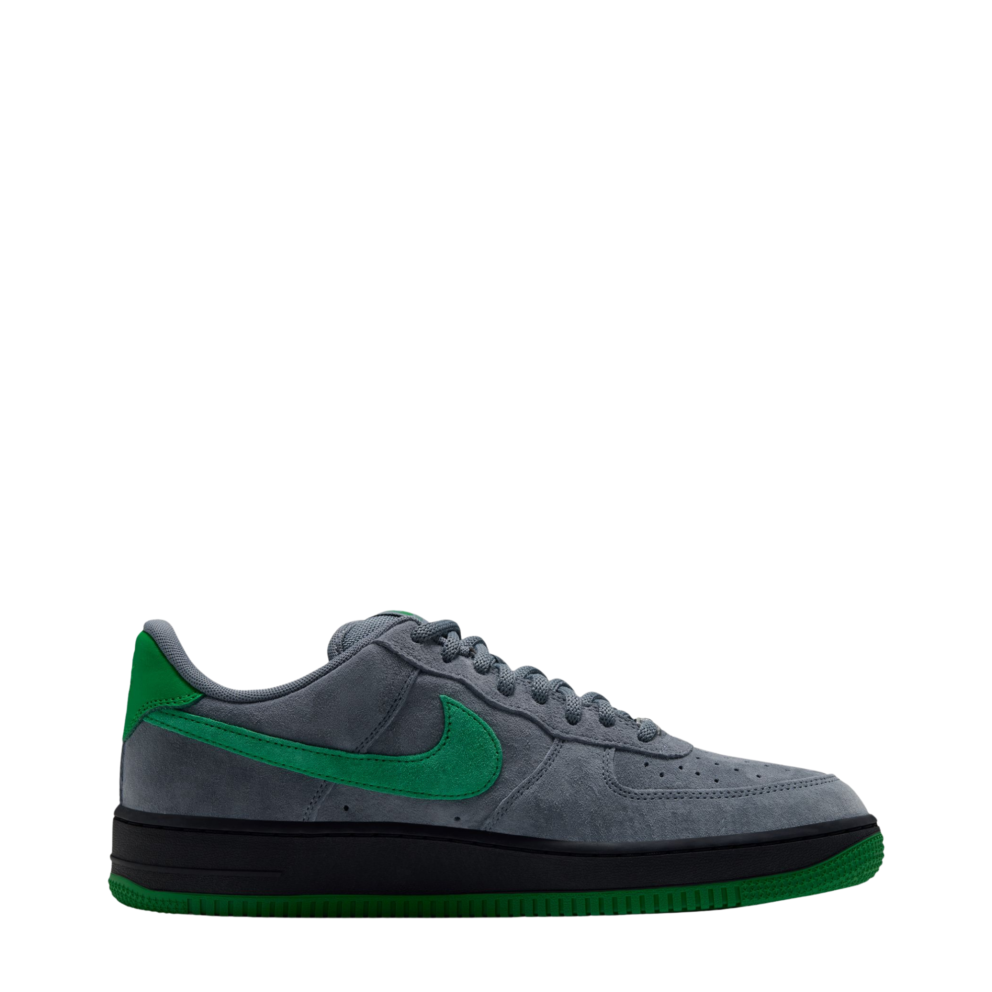 grey nike sb x nocturnal air force 1 with green swoosh and black and green sole on a white background