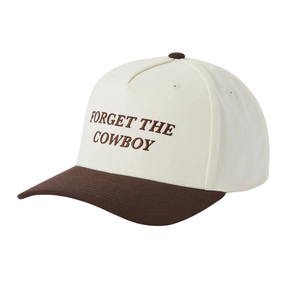 white and brown brixton hat with forget the cowboy in brown stitching