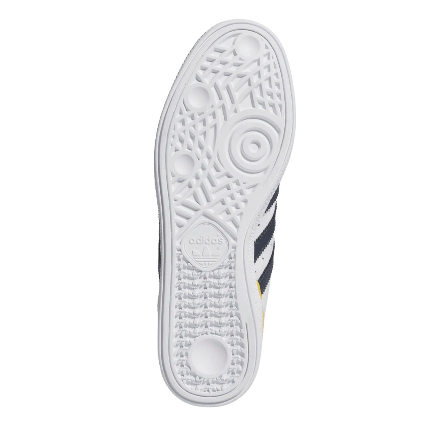 White adidas busenitz pro skateboard sneaker with navy stripes and yellow accent on a white background