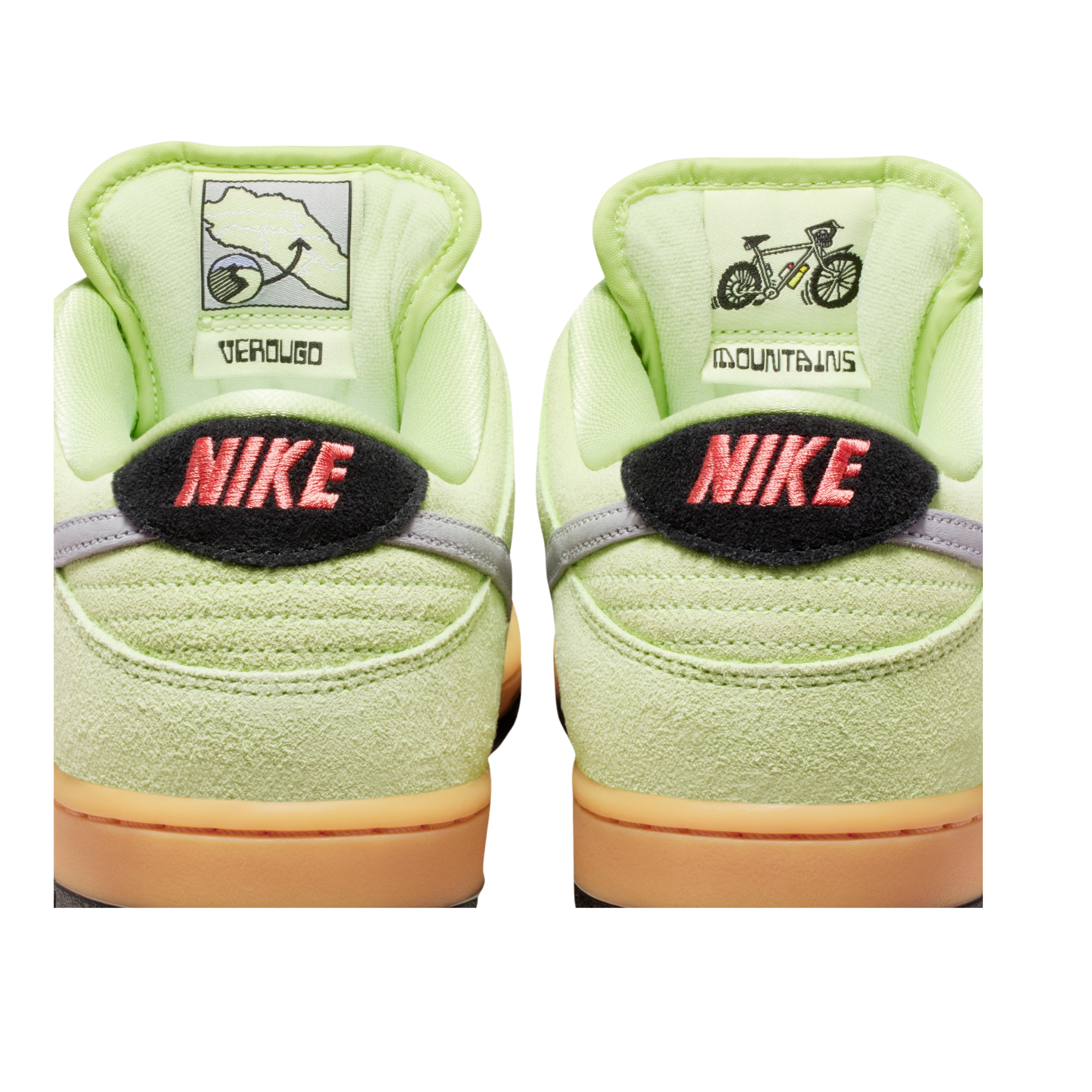 Light green nike sb verdugo mountains nike sb dunk low sneaker with a gray swoosh logo on a white background