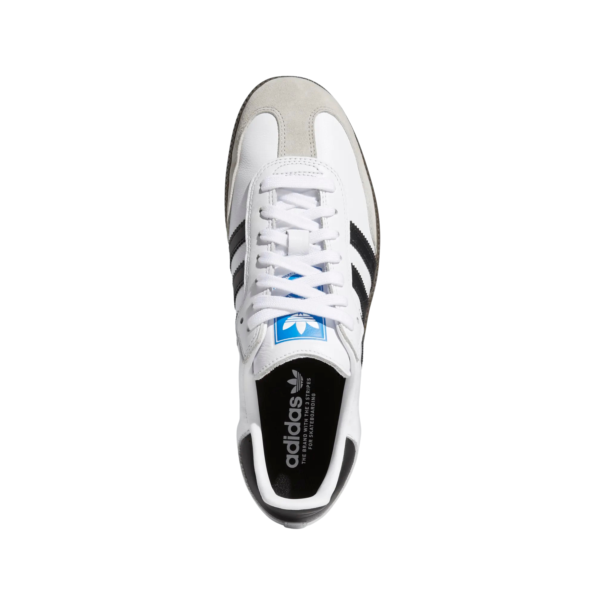White Adidas samba skateboarding adv sneaker with black stripes and gum sole on a white background