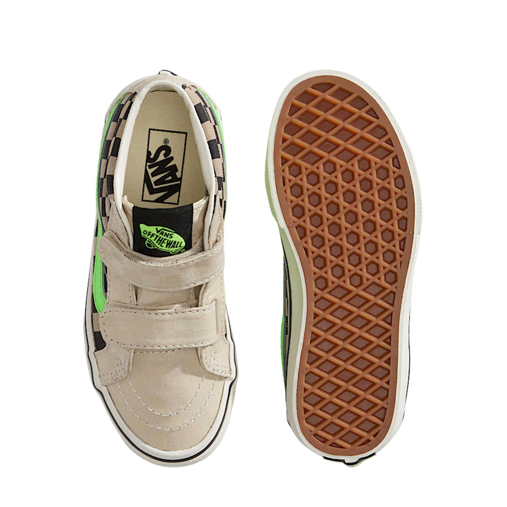 Checkered sk8-mid vans kids and toddler sneaker with neon green accents on a white background