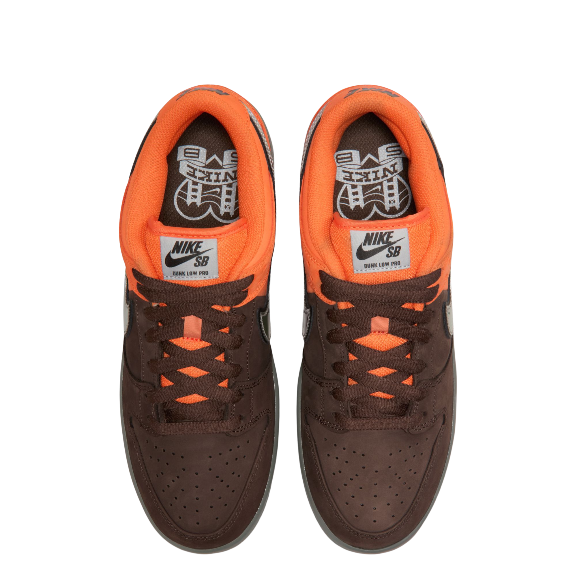 Orange and brown nike sb dunk low pro muni fast pass sneaker with a colorful swoosh logo on a white background
