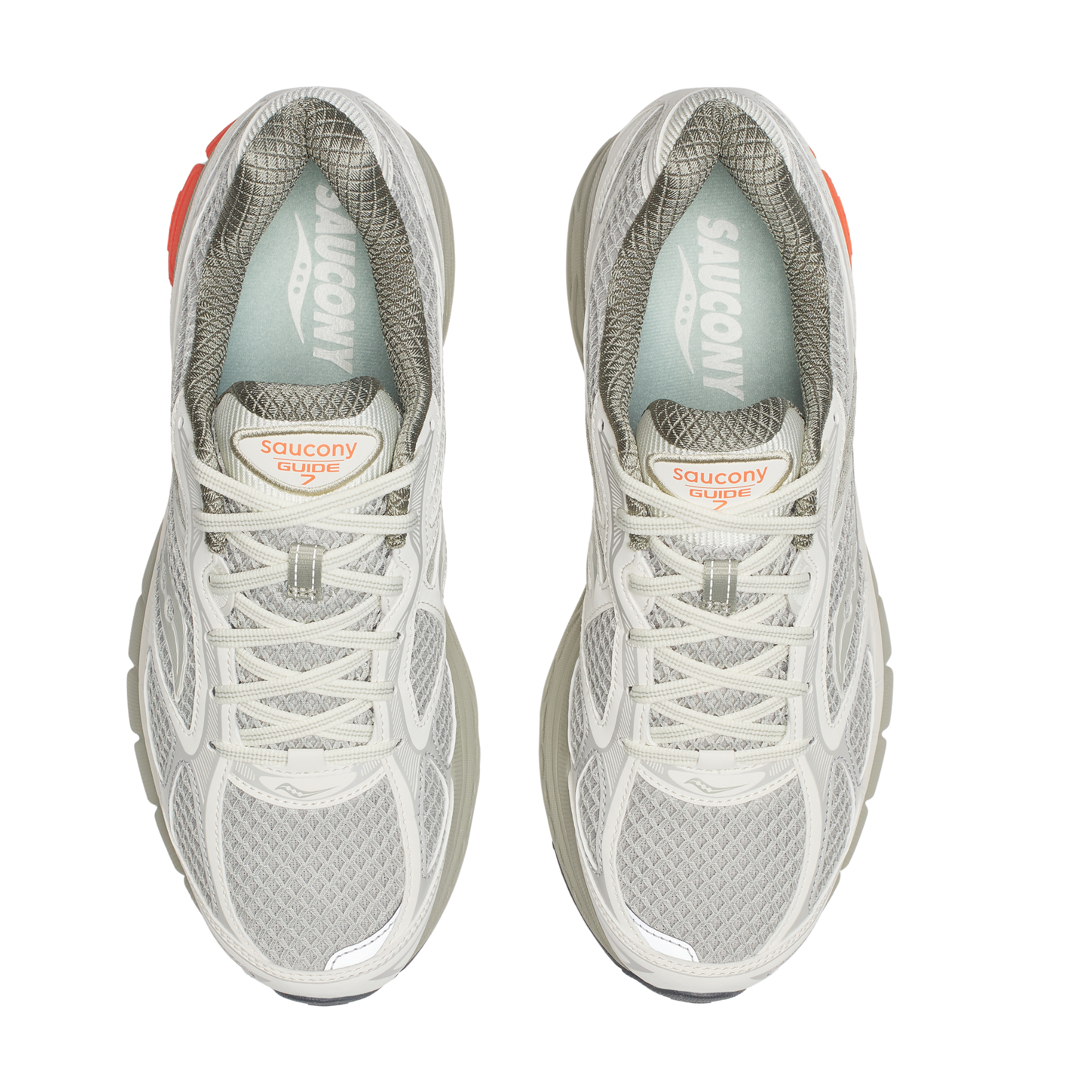 Gray tan saucony progrid guide 7 running shoe with orange sole on a white background