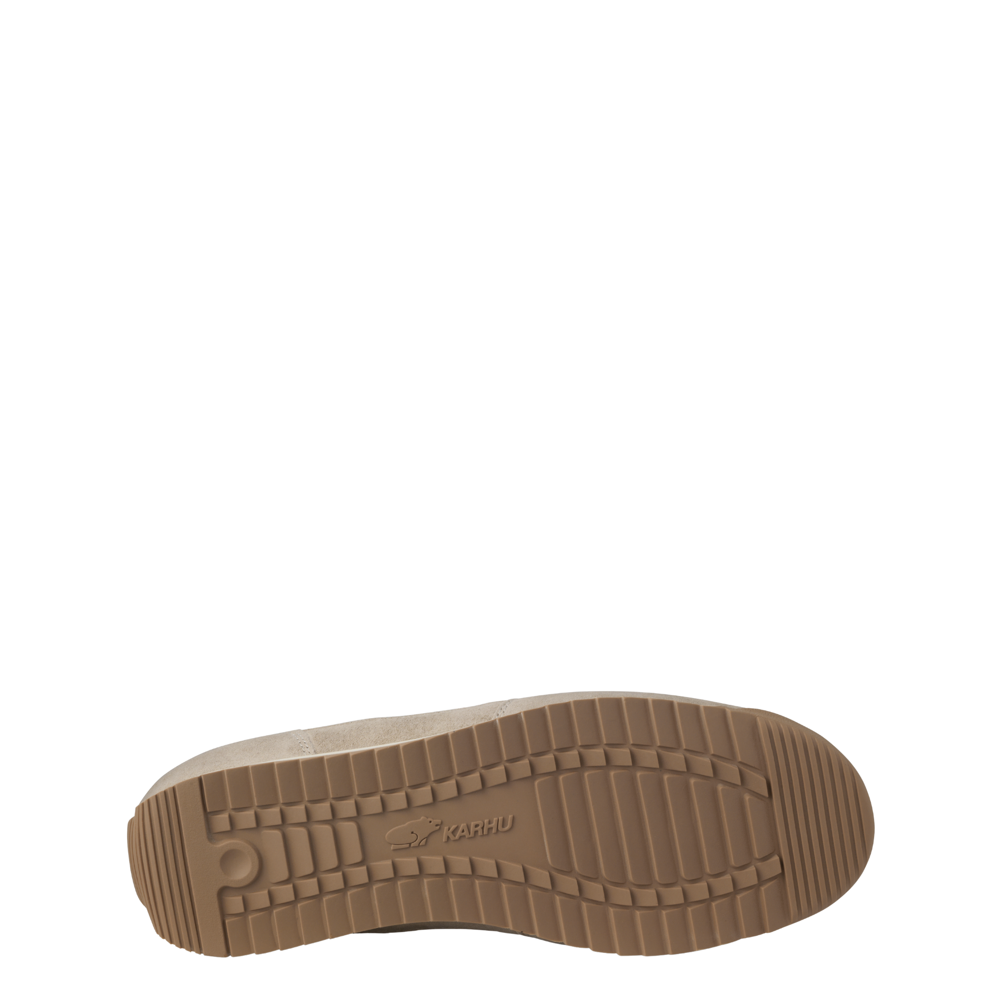A low-top karhu mestari sneaker in beige suede and off-white leather with a prominent rust-orange 'M' logo on the side, a matching heel tab, and a beige midsole.