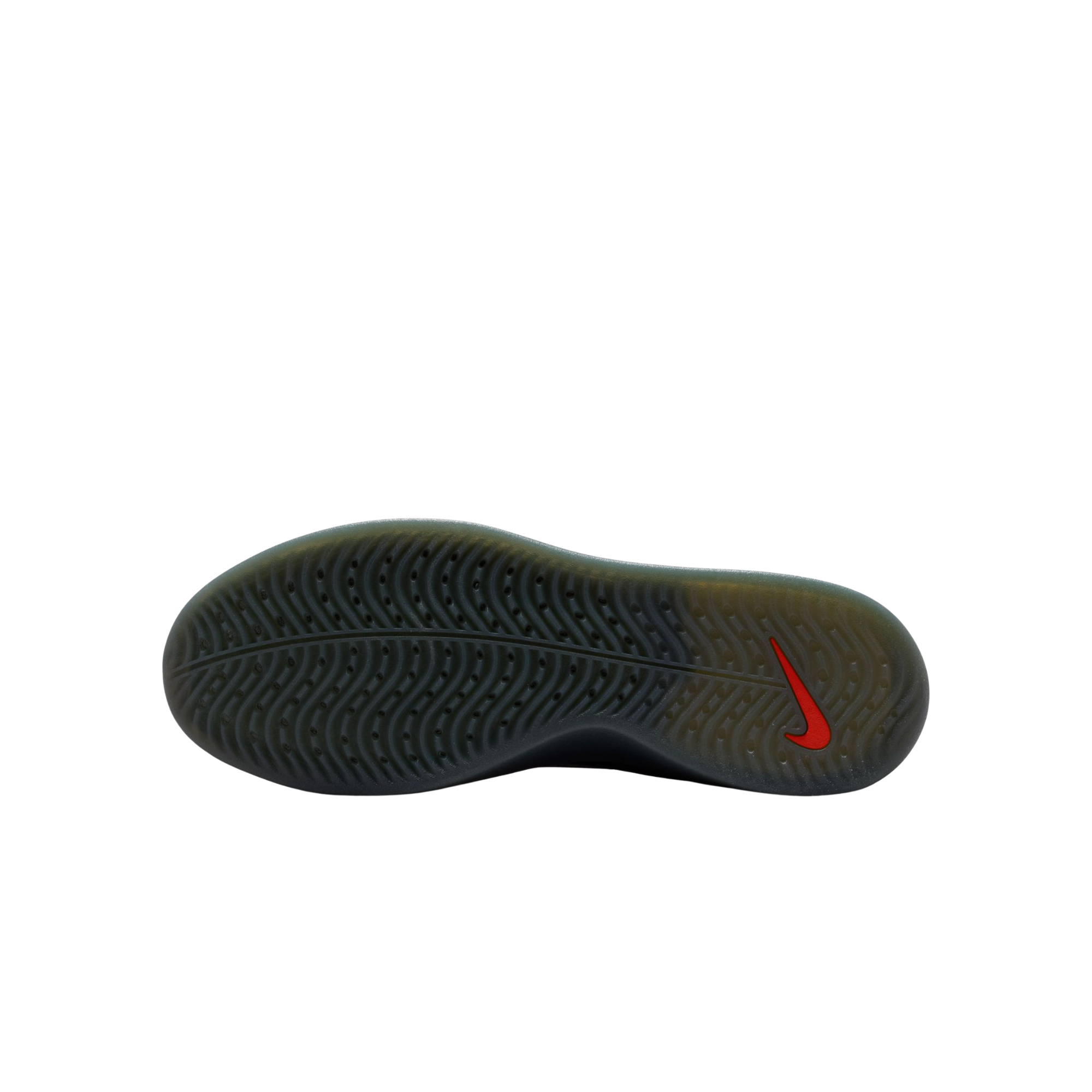 the outsole of A black Nike nyjah 4 skateboard sneaker with a textured synthetic upper, black laces, a black sole, and a small red pull tab on the heel, shown from a side profile against a white background.