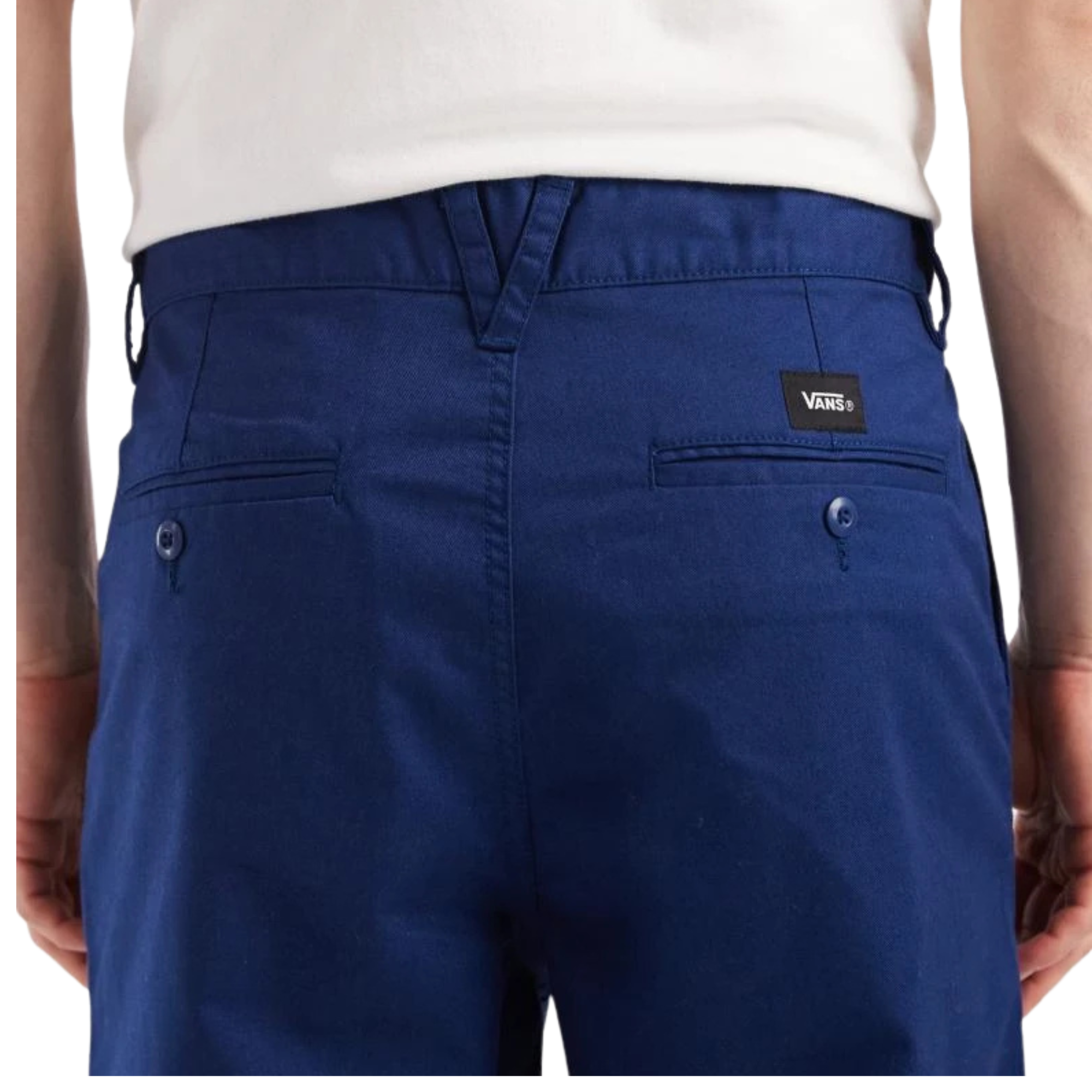 Blue pants with a Vans logo on a white background