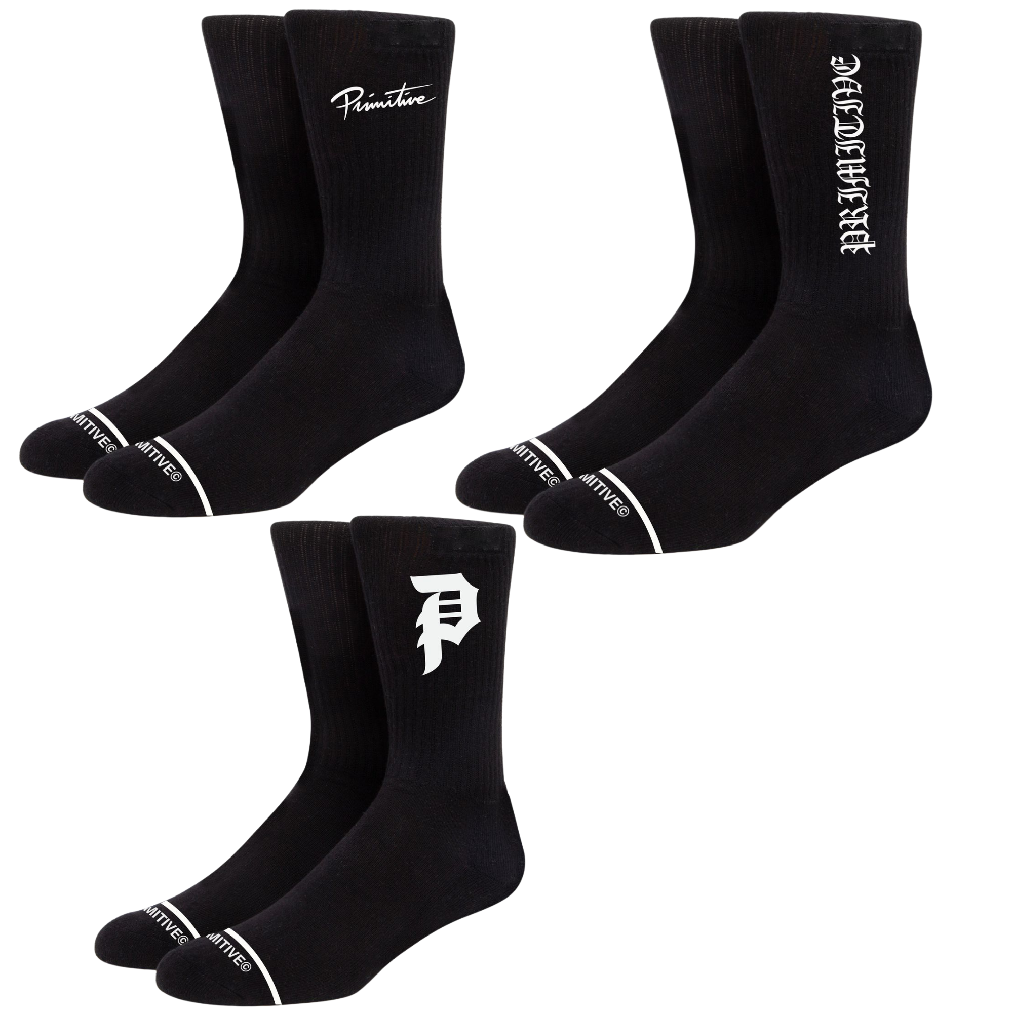 Three pairs of black crew socks with white branding details, arranged on a plain white background. The top-left pair shows the word 'Primitive' in script, the top-right pair shows 'PRIMITIVE' in a vertical gothic font, and the bottom pair shows a stylized white 'P' logo.