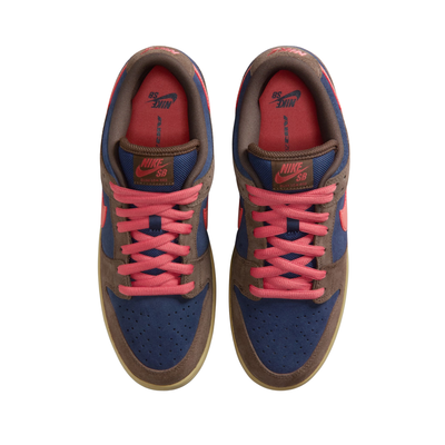 nike sb dunk low Sneaker with brown, blue, and pink color scheme on a white background