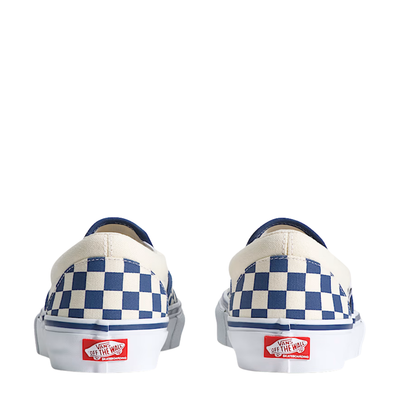 Vans Checkered skate slip-on shoe with blue and white pattern on a white background