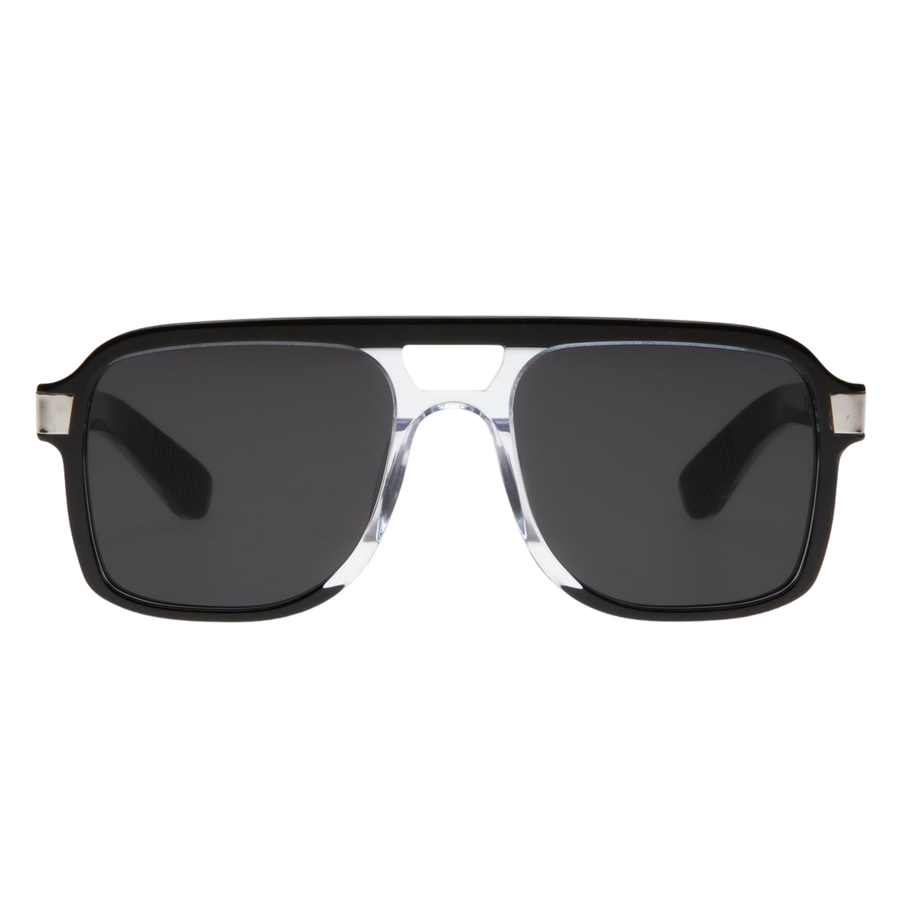 Spitfire cut 144 Sunglasses with black lenses and clear frame on a white background