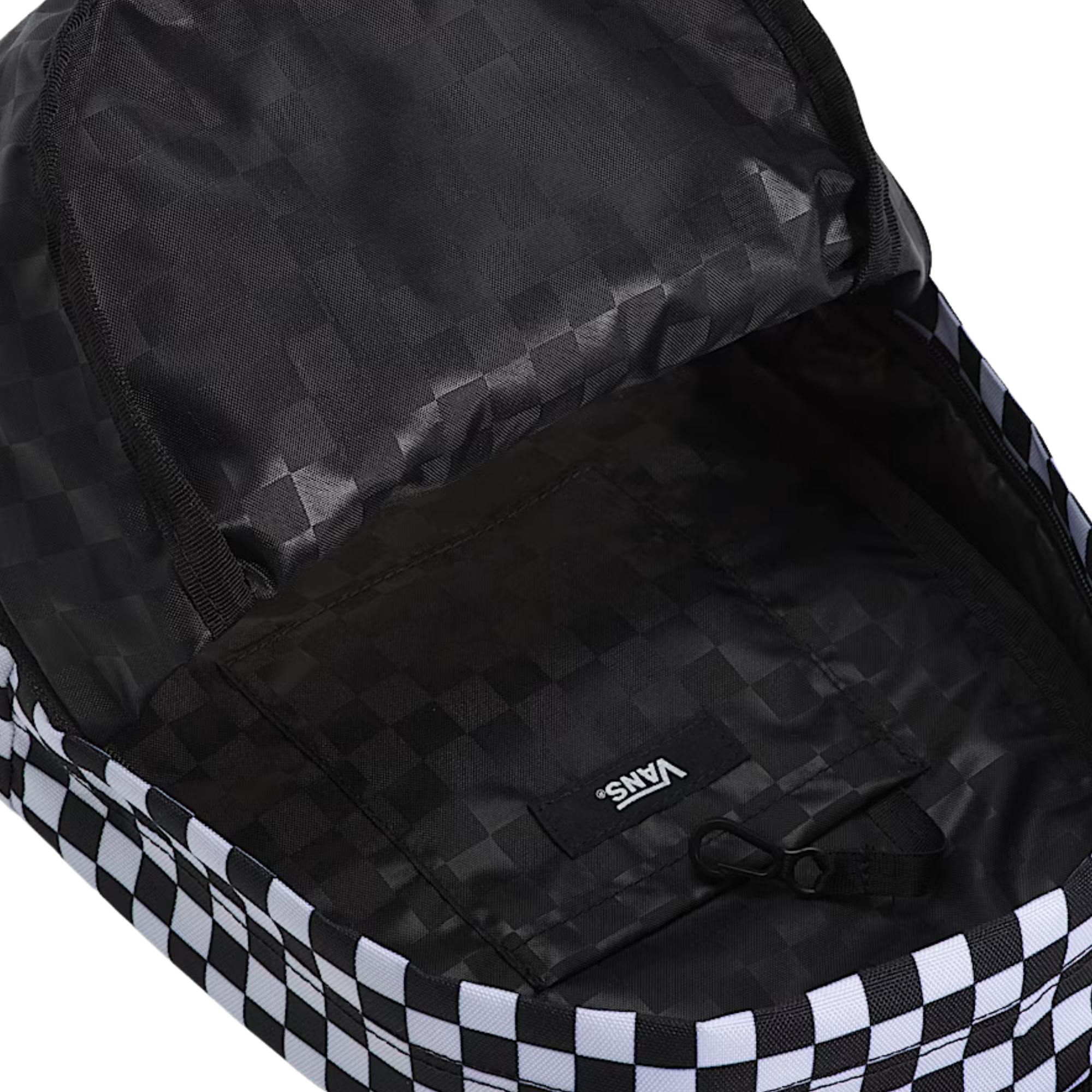 black and white checkerboard mini vans backpack on a white background