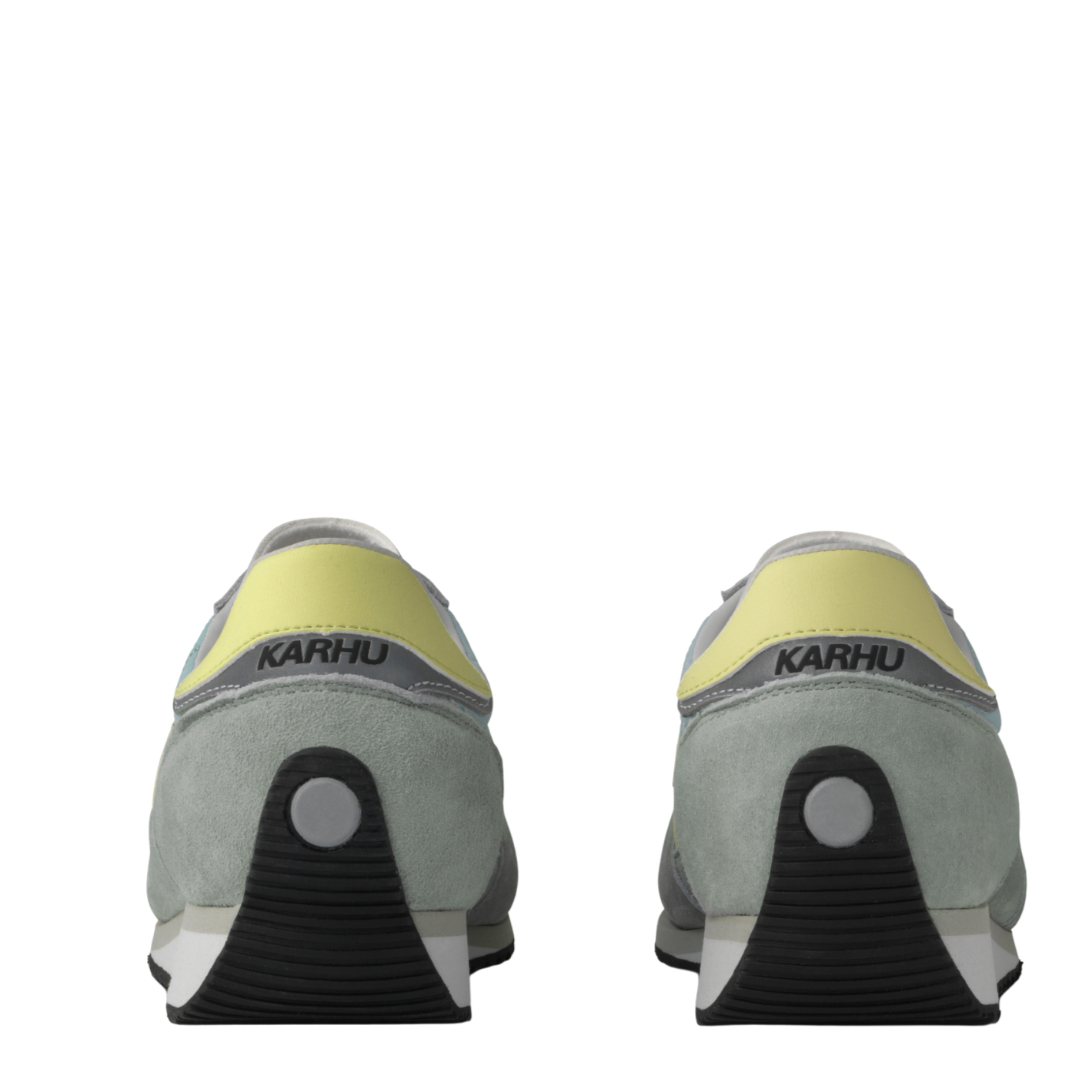 grey and blue karhu mestari Sneaker with a yellow 'M' logo on a white background