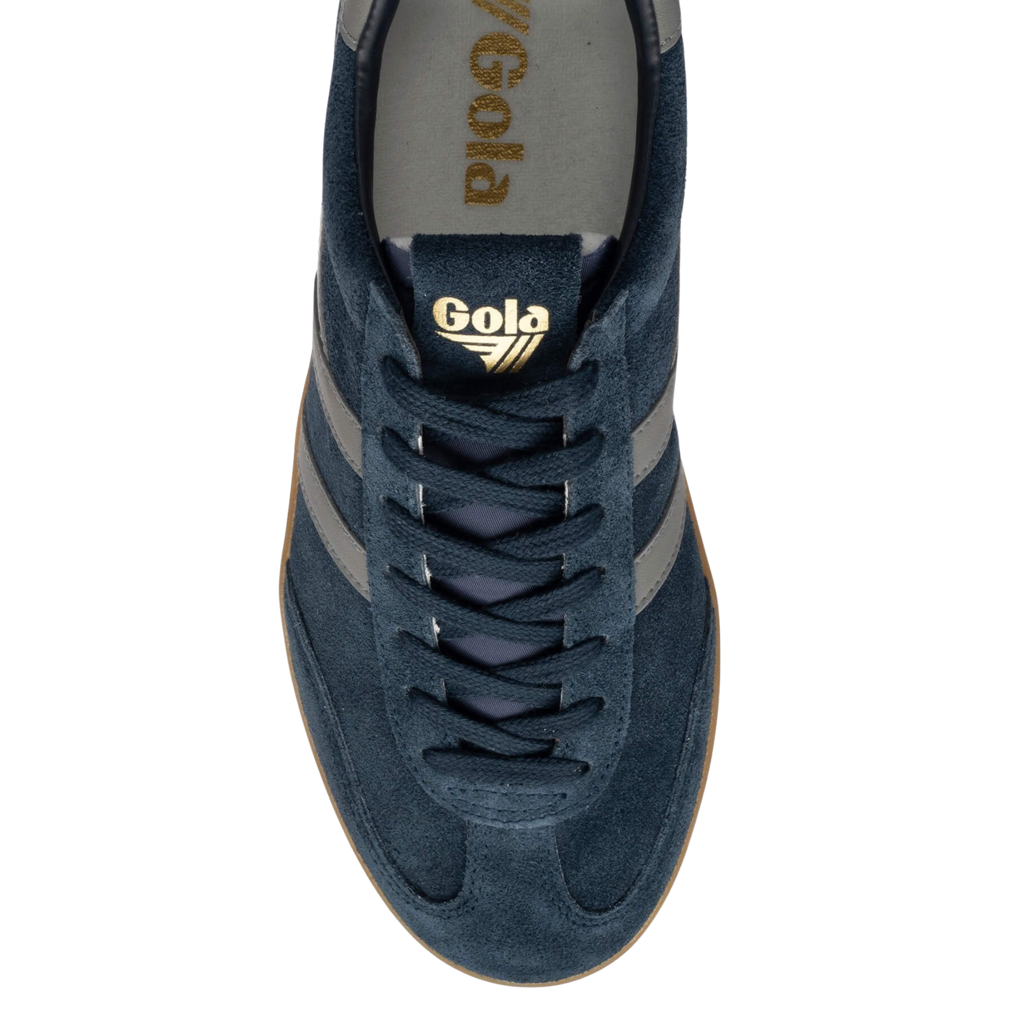 navy blue gola men's cyclone sneaker with grey stripes and gum sole on white background