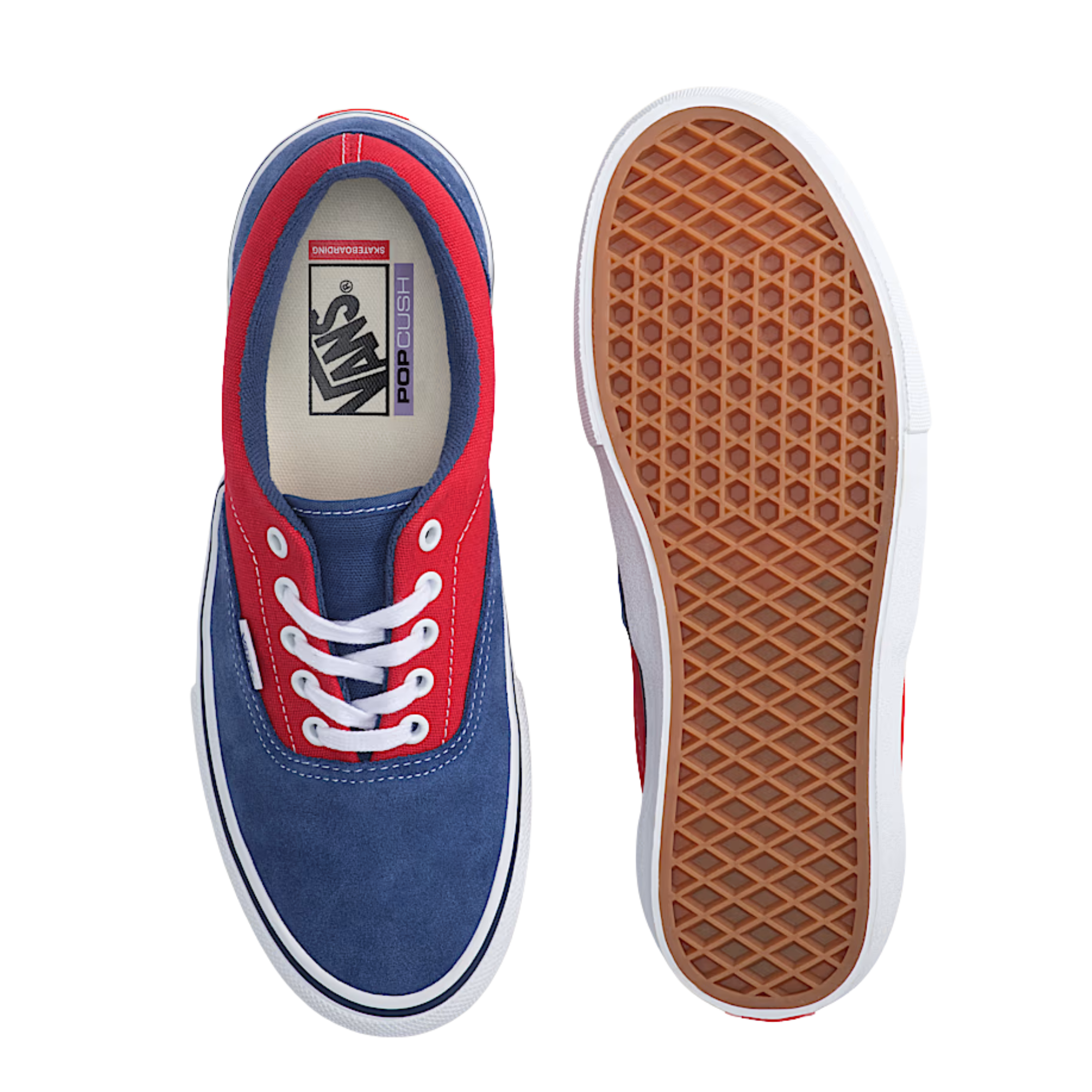Blue and red vans era skateboard sneaker with white laces on a white background