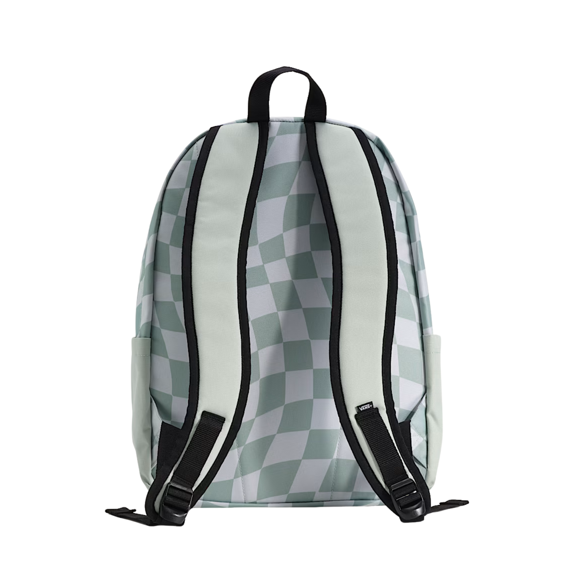 Green and white vans checkered backpack with a visible brand logo on a white background