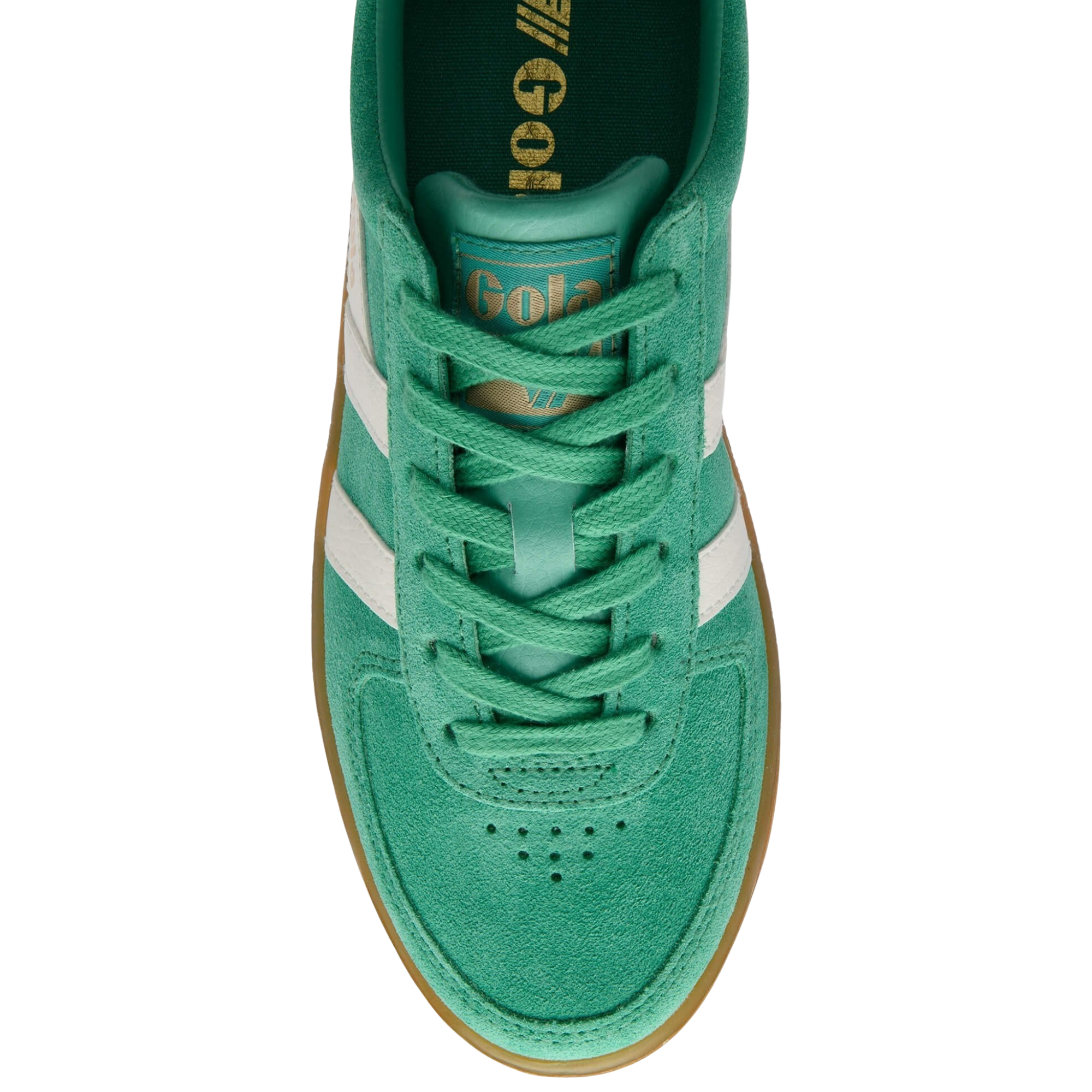 Green gola grandslam suede sneaker with white stripes and brown sole on a white background
