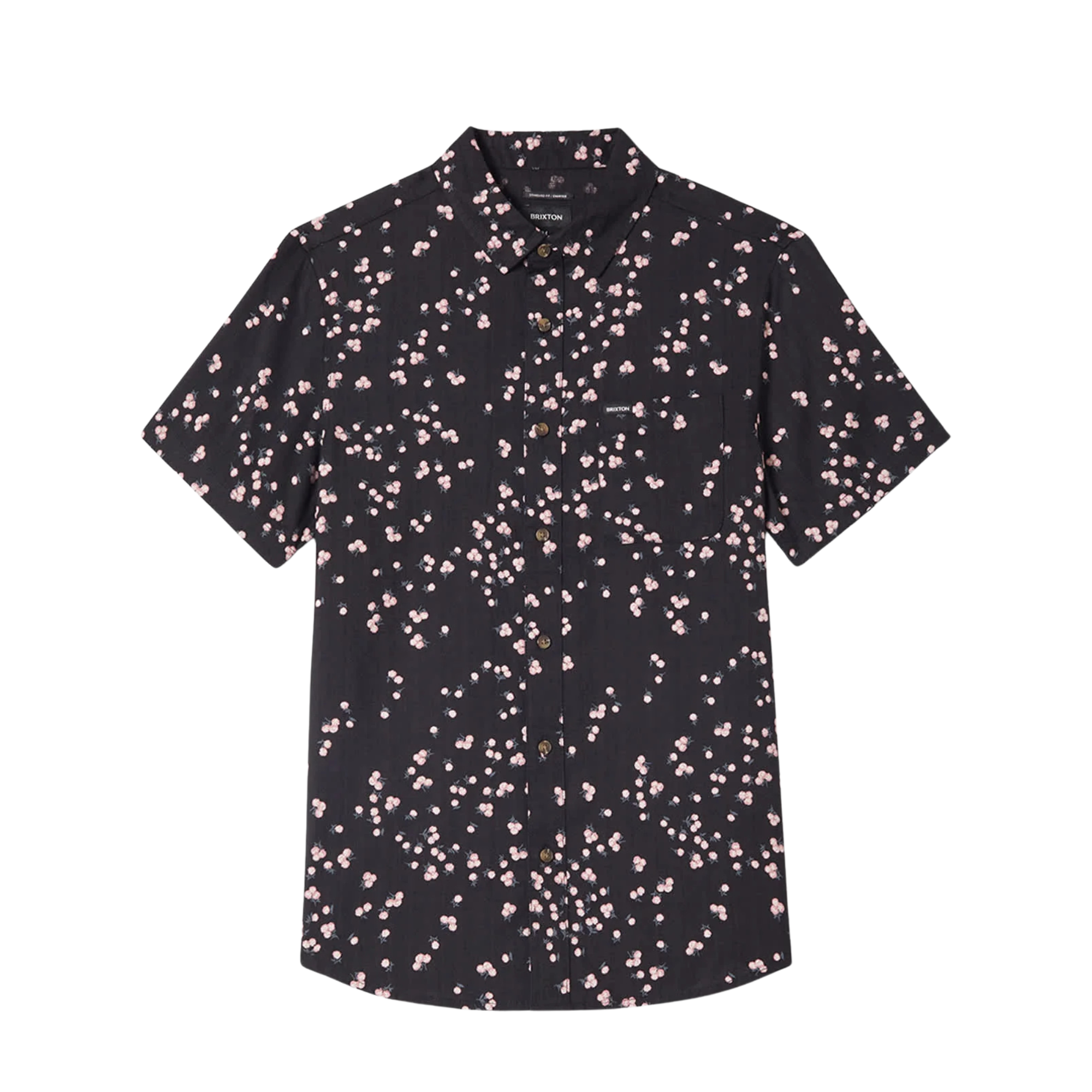 black brixton charter slub short sleeve woven men's shirt with pink flowers