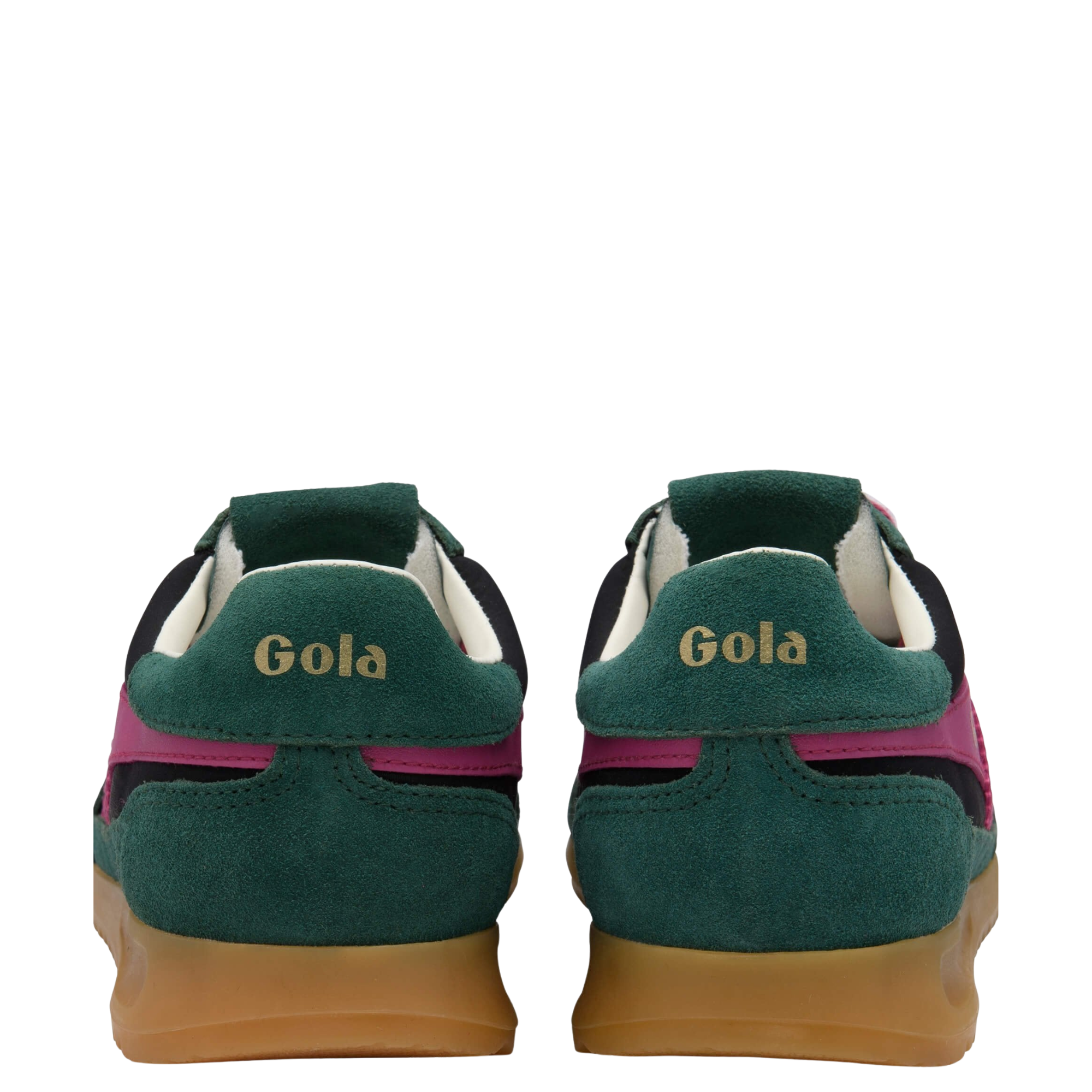 Green and black gola firefly women's sneaker with pink accents on a white background