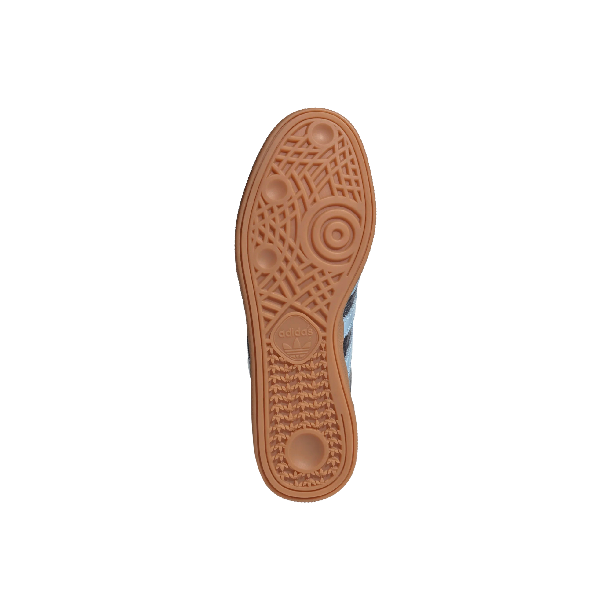 A single Adidas handball spezial sneaker in navy blue suede and textured leather, featuring light blue stripes, a light blue heel tab, and a brown gum sole, shown against a plain white background.