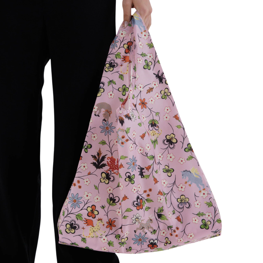 pink standard baggu reusable tote bag with floral design on a white background
