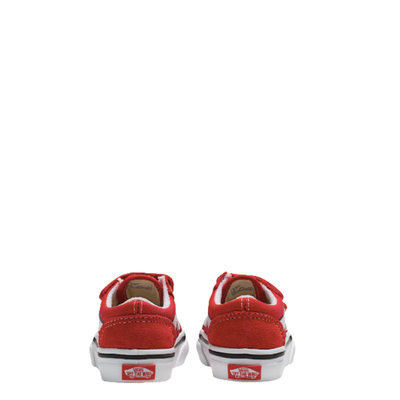 Red and white vans old skool toddler sneaker with velcro straps on a white background