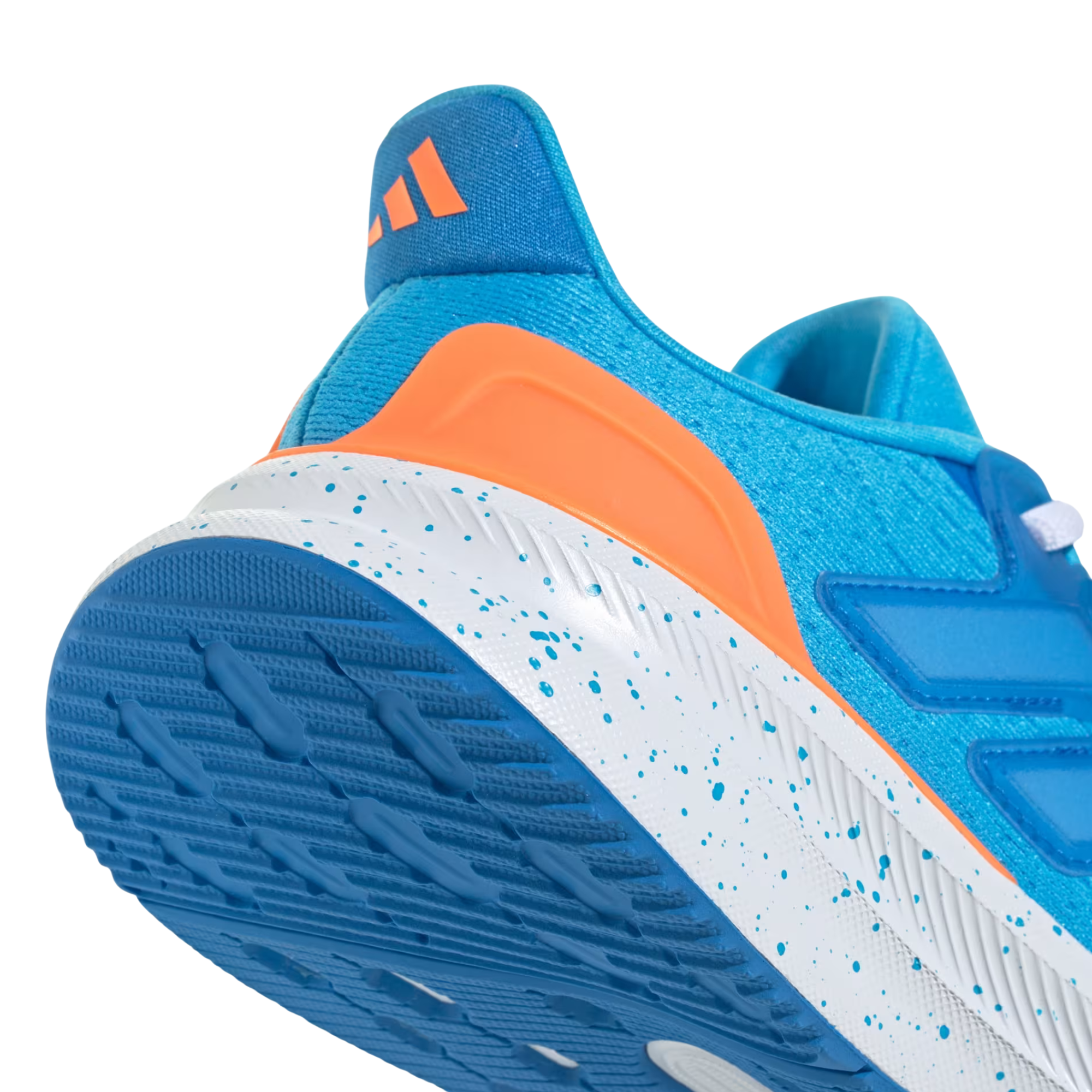 Blue adidas ultrarun 5 kids running shoe with orange accent on a white background