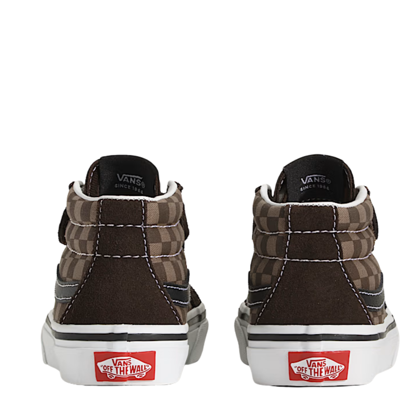 Brown checkered Vans kid's and toddler sk8-mid sneaker on a white background