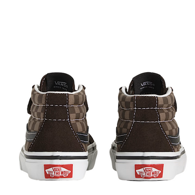 Brown checkered Vans kid's and toddler sk8-mid sneaker on a white background