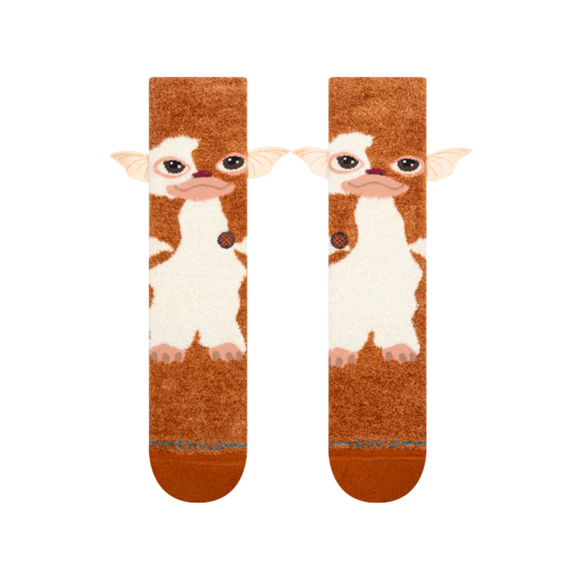 A pair of plush stance gizmo crew socks featuring a gizmo from gremlins brown and white, shown against a plain white background.