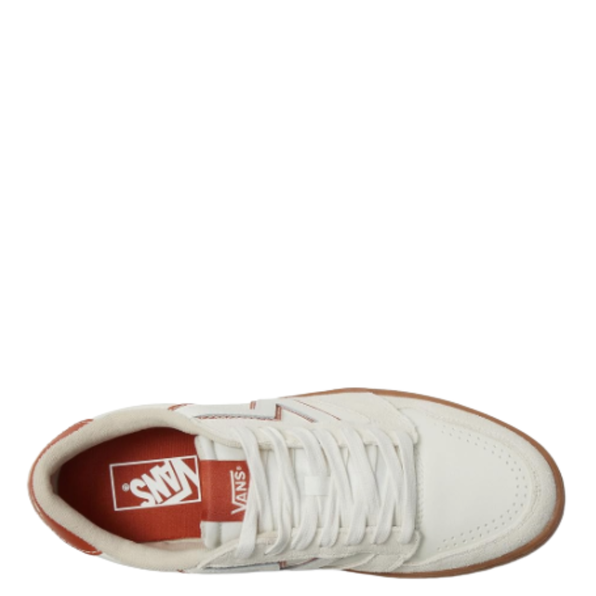 White vans lowland 2.0 sneaker with brown accents on a white background