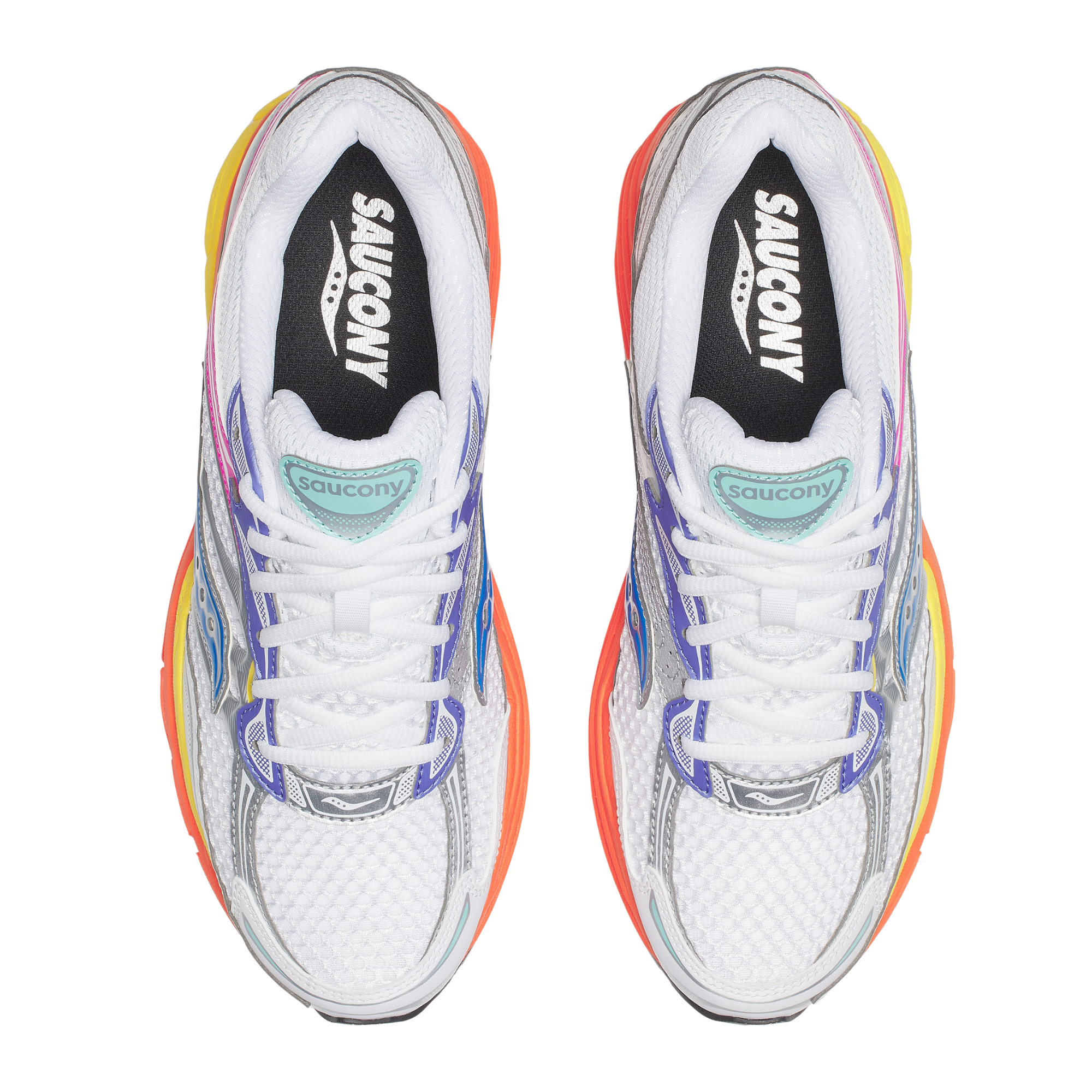 Colorful SAUCONY progrid omni 9 running shoe with a brand logo on a white background