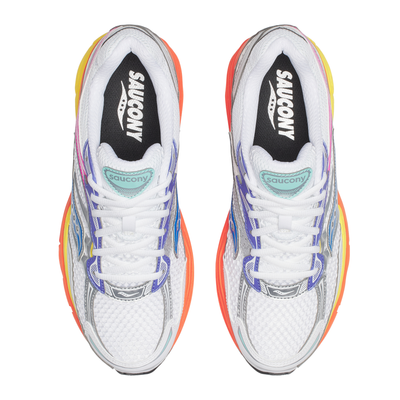 Colorful SAUCONY progrid omni 9 running shoe with a brand logo on a white background