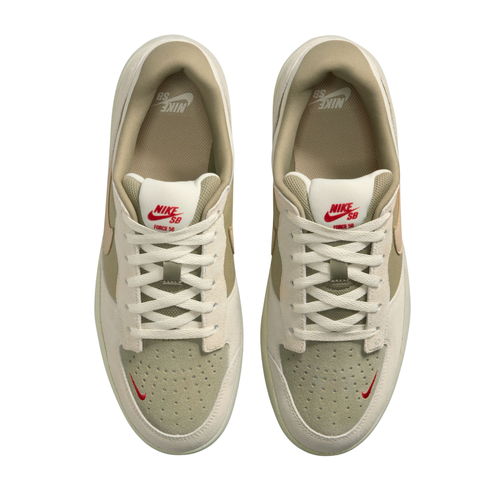 Beige nike sb force 58 sneaker with a brown accent on a white background