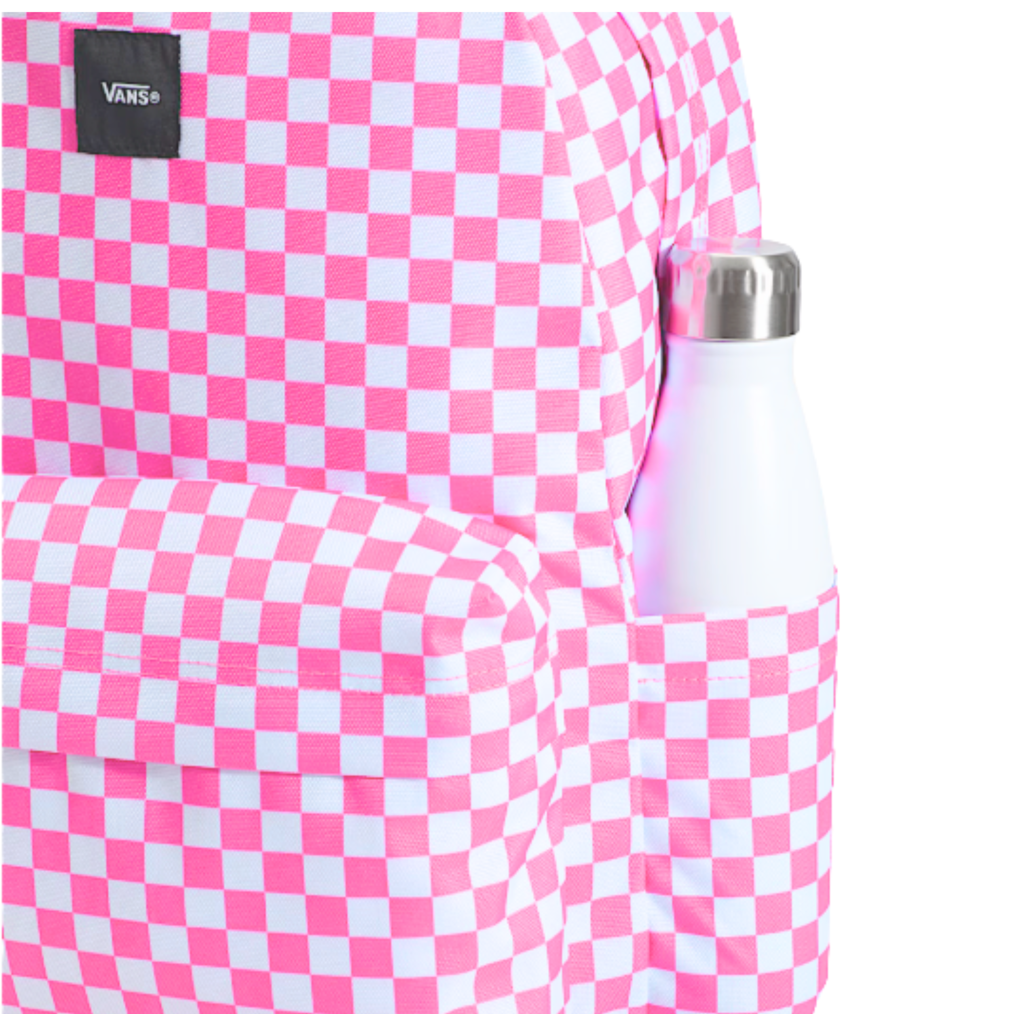 pink and white checkerboard vans old skool backpack on a white background