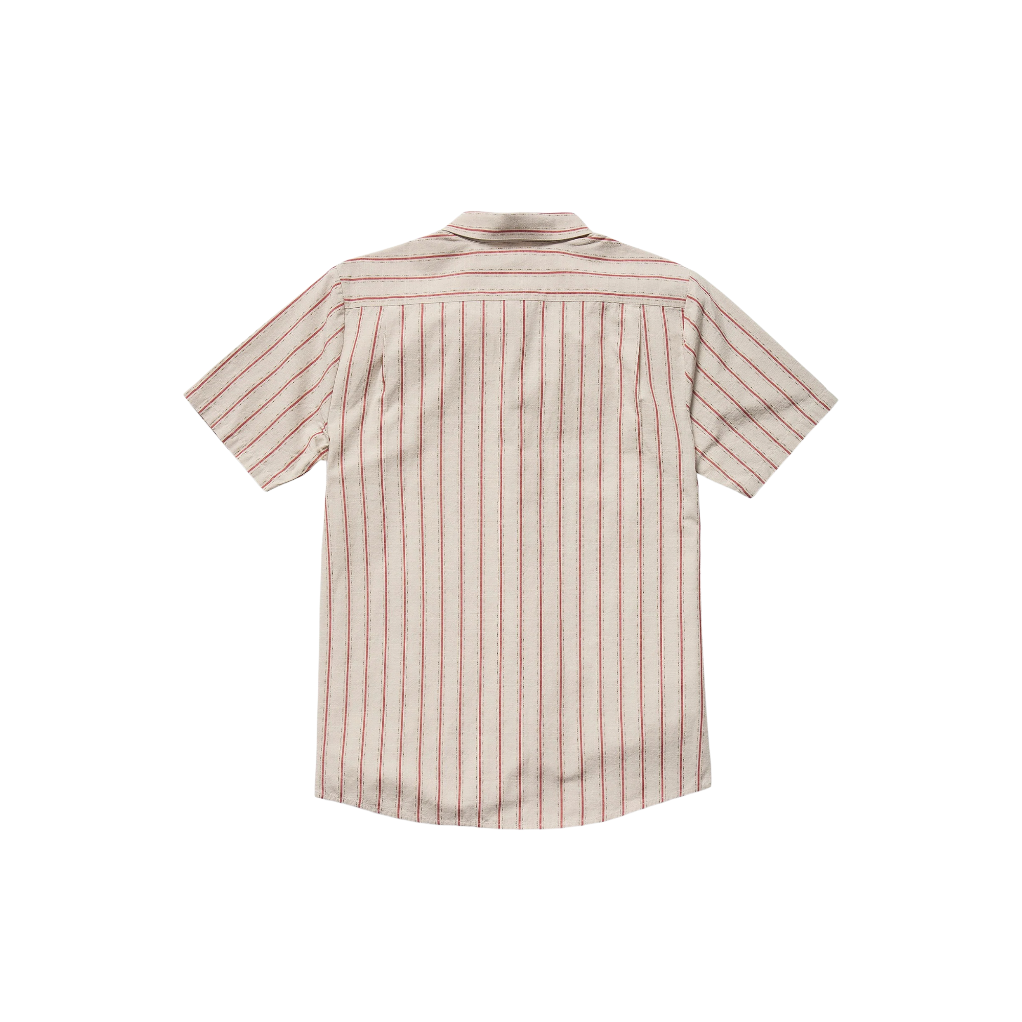 Man wearing a beige and red striped volcom sato stripe short sleeve shirt on a white background