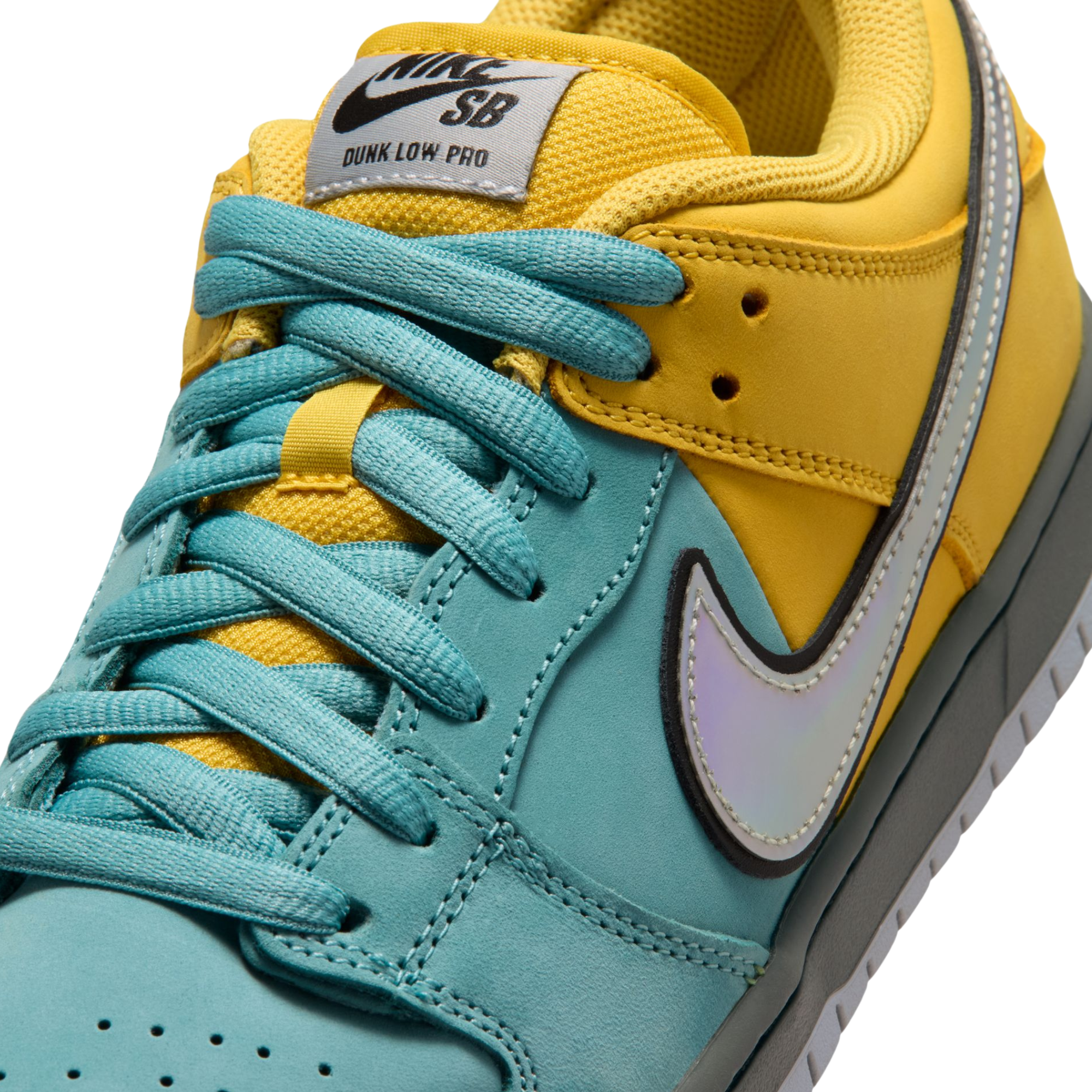 Yellow and teal NIKE SB MUNI FAST PASS sneaker with a visible Nike logo on a white background