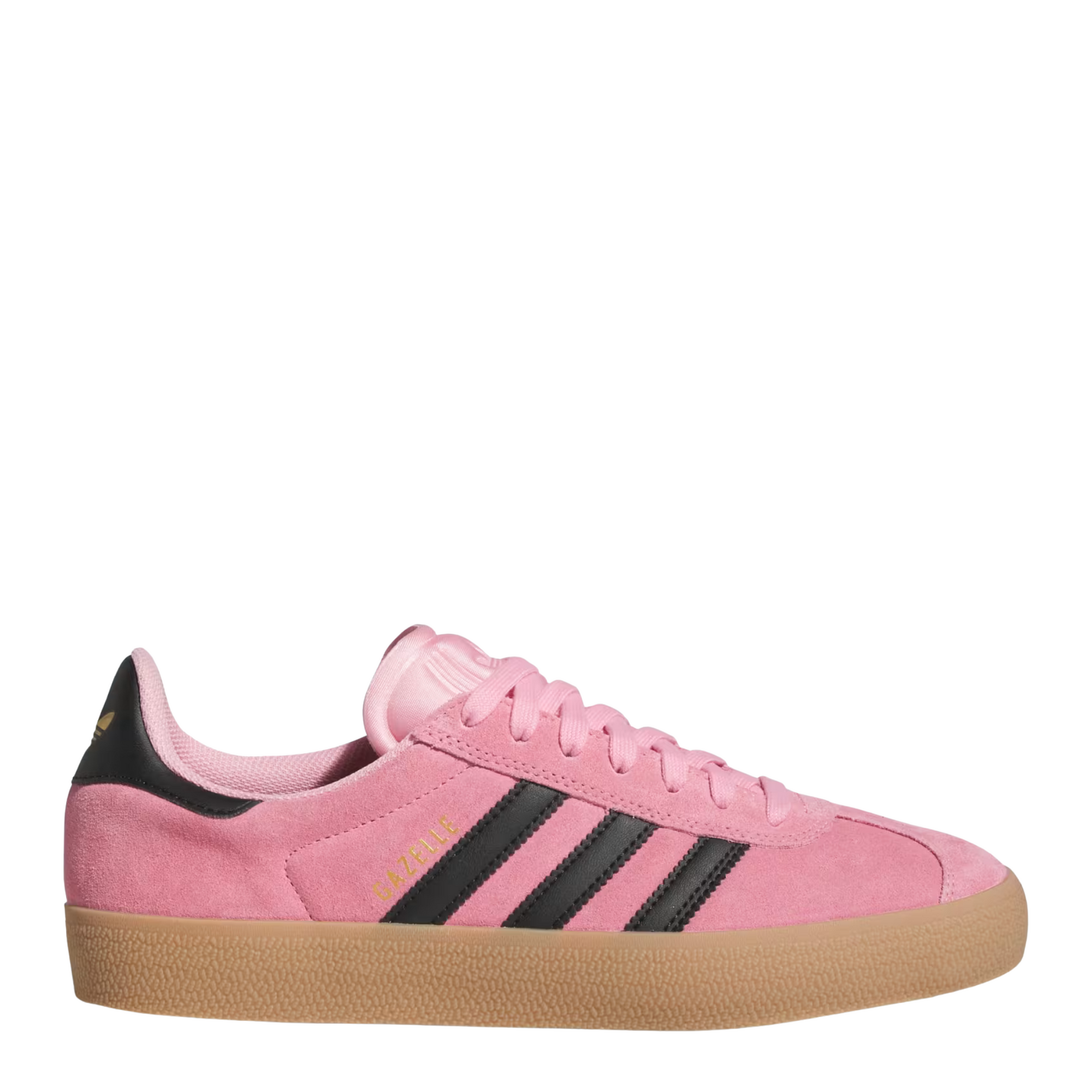 pink adidas skateboarding gazelle adv with black stripes and gum sole on a white background