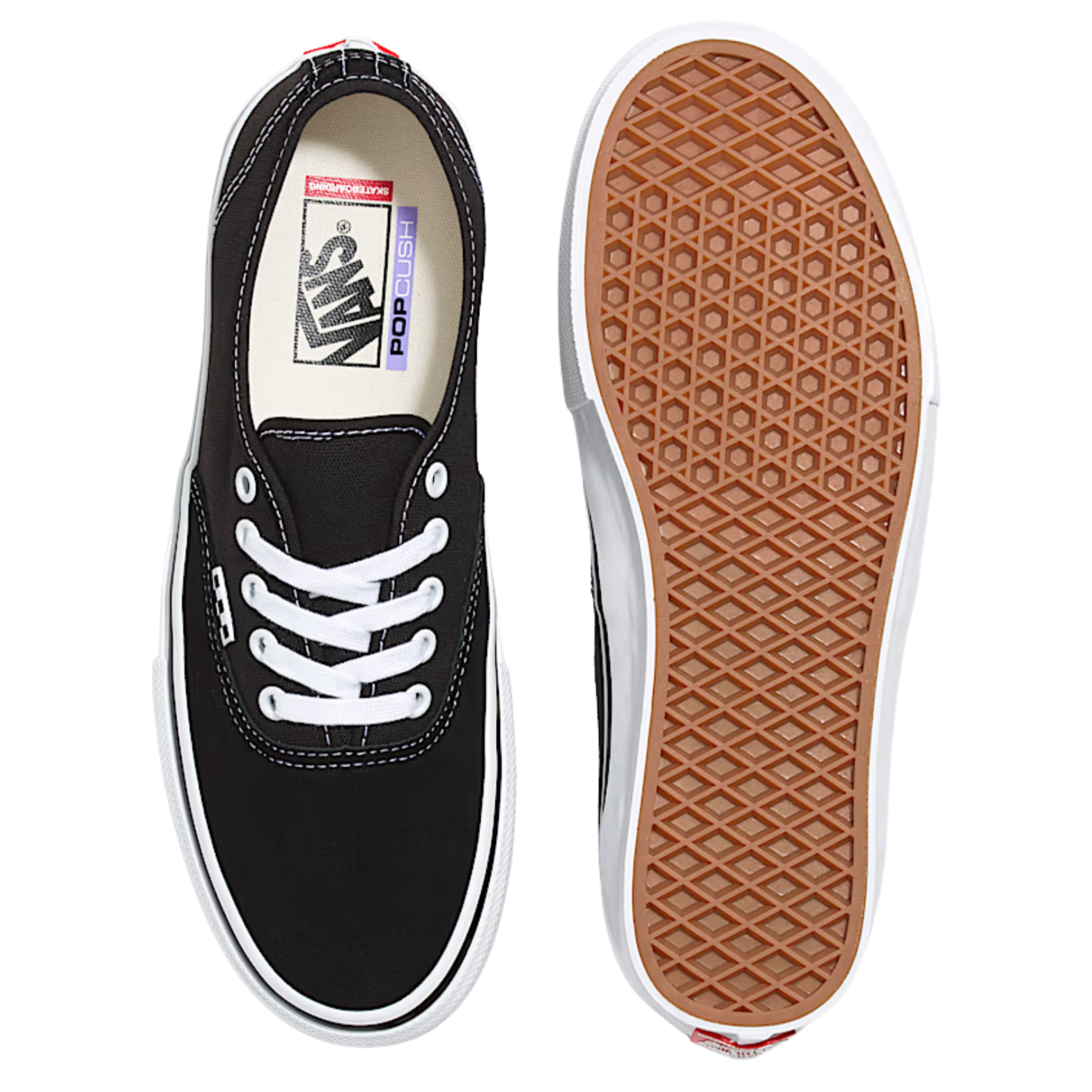 Black vans skate authentic sneaker with white laces on a white background