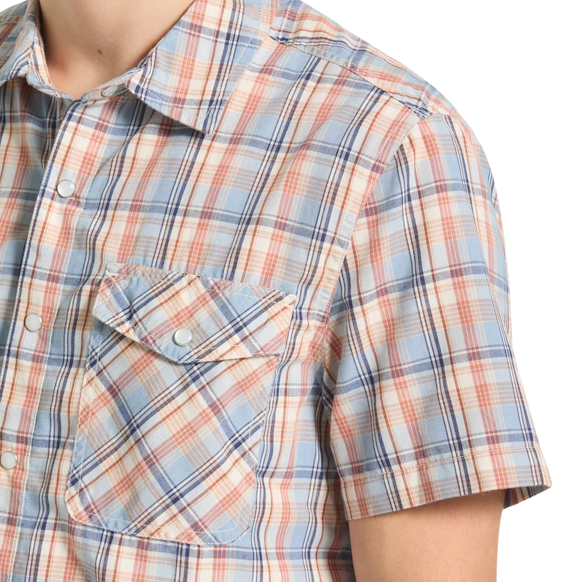 Person wearing a plaid brixton breezy wayne short sleeve shirt and cowboy hat on a white background