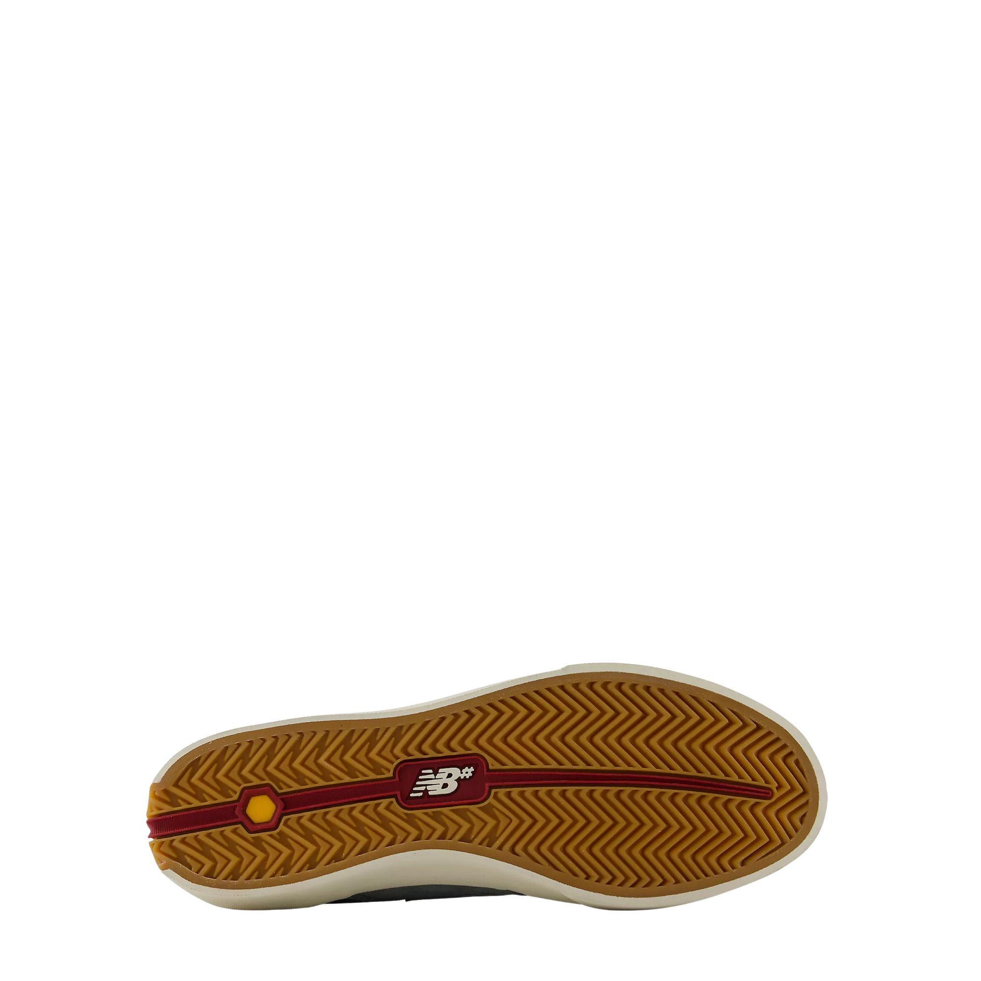 The outsole of a New Balance 340 sneaker, showing a textured brown herringbone pattern with a burgundy center stripe, a yellow circular accent, and the New Balance logo.